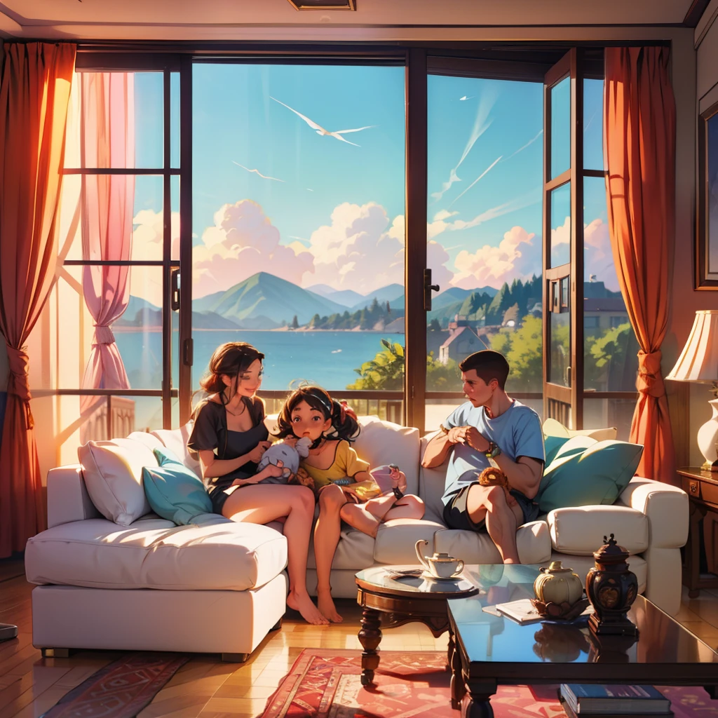 family sitting in the room at home, sunlight, 8k, best quality, absurdres