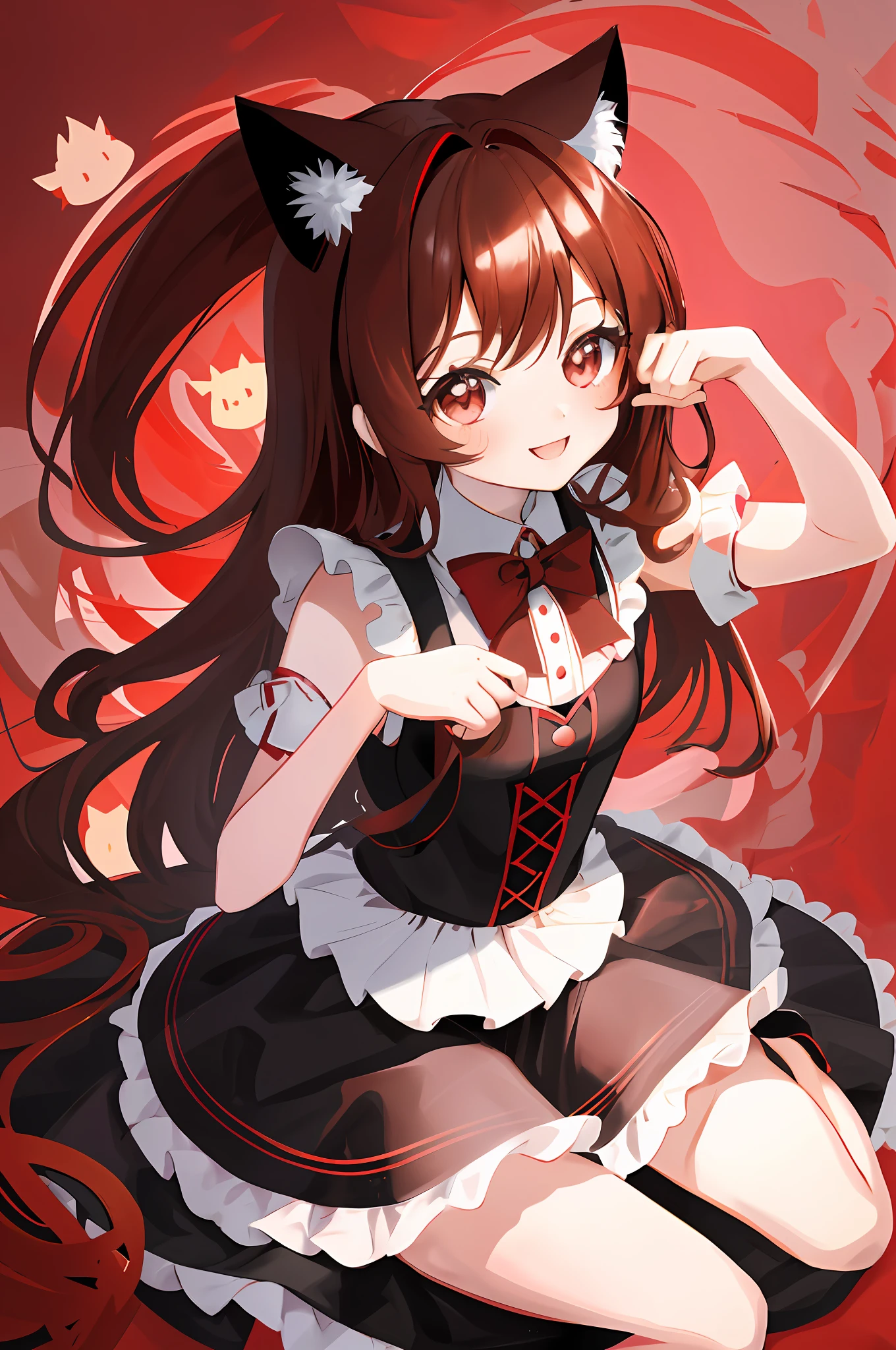 (Chibi Chibi: 1.5), solo, full body, wearing red and black maid clothes, highly detailed face, (smile: 1.2), lively, gravure pose, beautiful detailed eyes, looking up, light brown long hair, cat ears, masterpiece, top quality, highly detailed 8k wallpaper