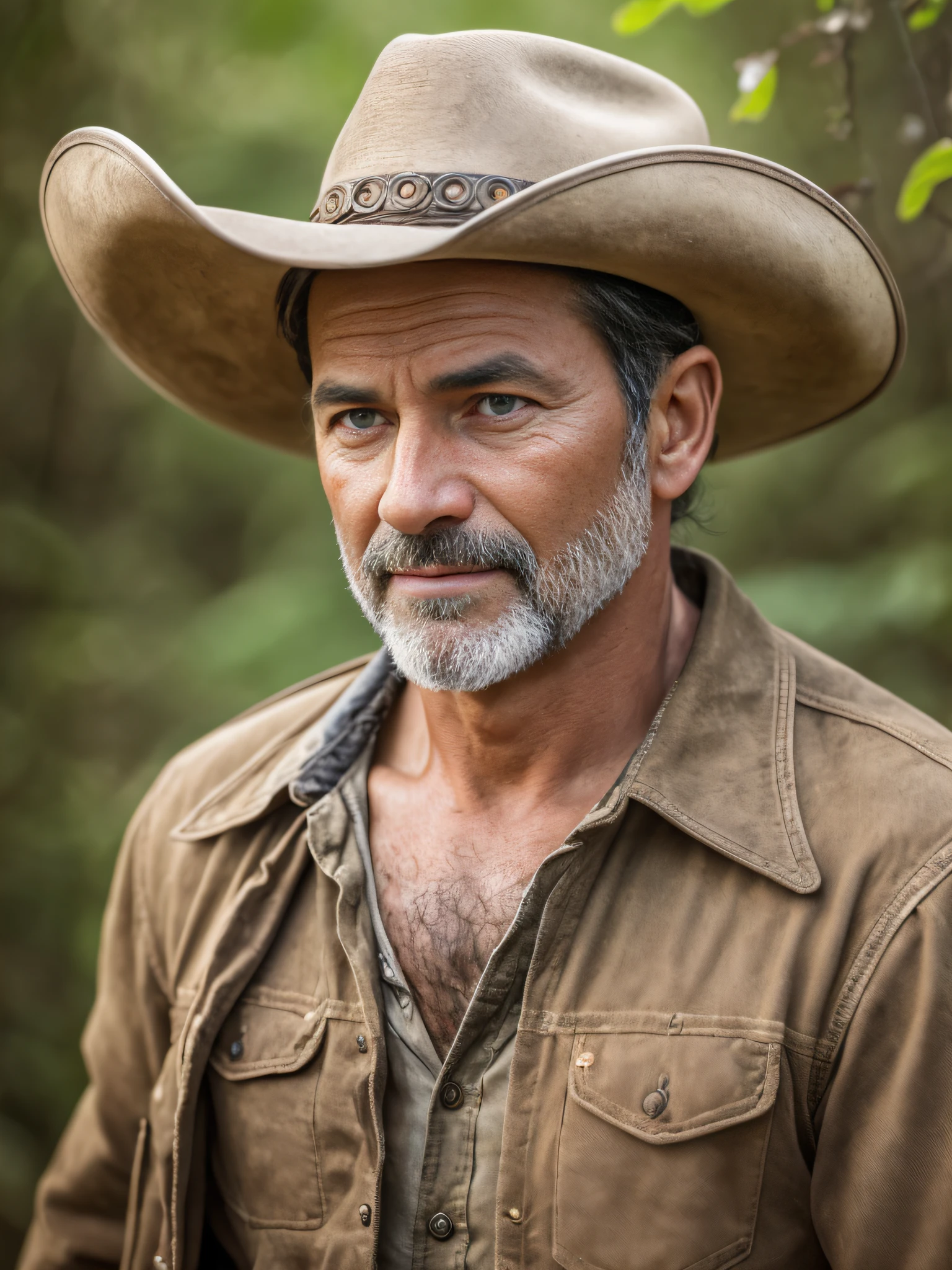 masterpiece, 42-year-old cowboy, in cowboy clothes, walking through the jungle at night among fireflies, (high detail: 1 1), rough face, no beard, cropped hair, natural skin, high quality, nsfw, beautiful eyes, (detailed face and eyes), (face: 1 2), noise, extra, real photo, PSD, lamp film photography, sharp focus, contrast lighting, detailed skin, high resolution 8k, crazy detail, realistic, professional photography, 8k UHD, SLR camera, soft lighting, high quality, grain film, Fujifilm XT3