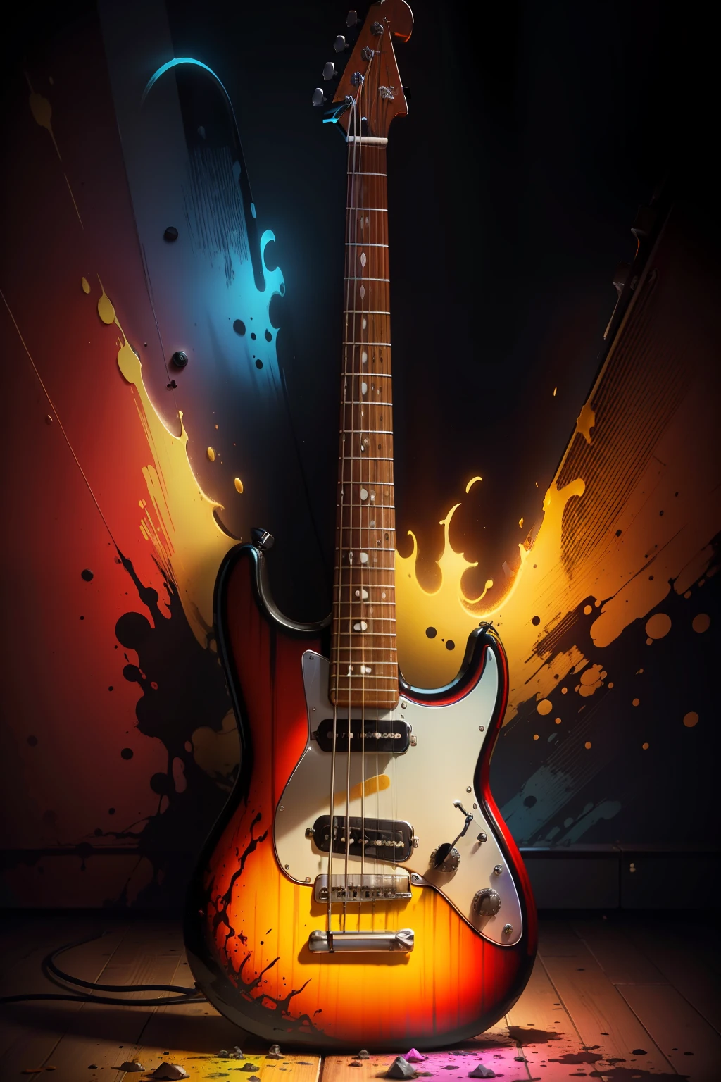 Raw 16k Ultra HD Vivid Colors Masterpiece Ultra Resolution Cinematic Digital Art, A Colorful Guitar,Inside an Aquarium, Dirty With Ink, Spicy Colors, Spicy Colors, Vivid Colors, Cinematic Lights