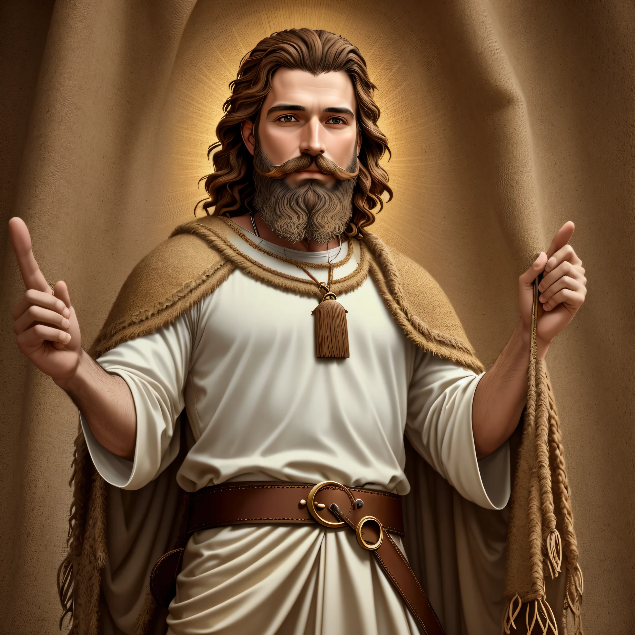 Realistic image of St. John the Baptist, raised right arm, medieval clothes made of camel hair, with a leather belt, short brown hair and beard and mustache --auto --s2