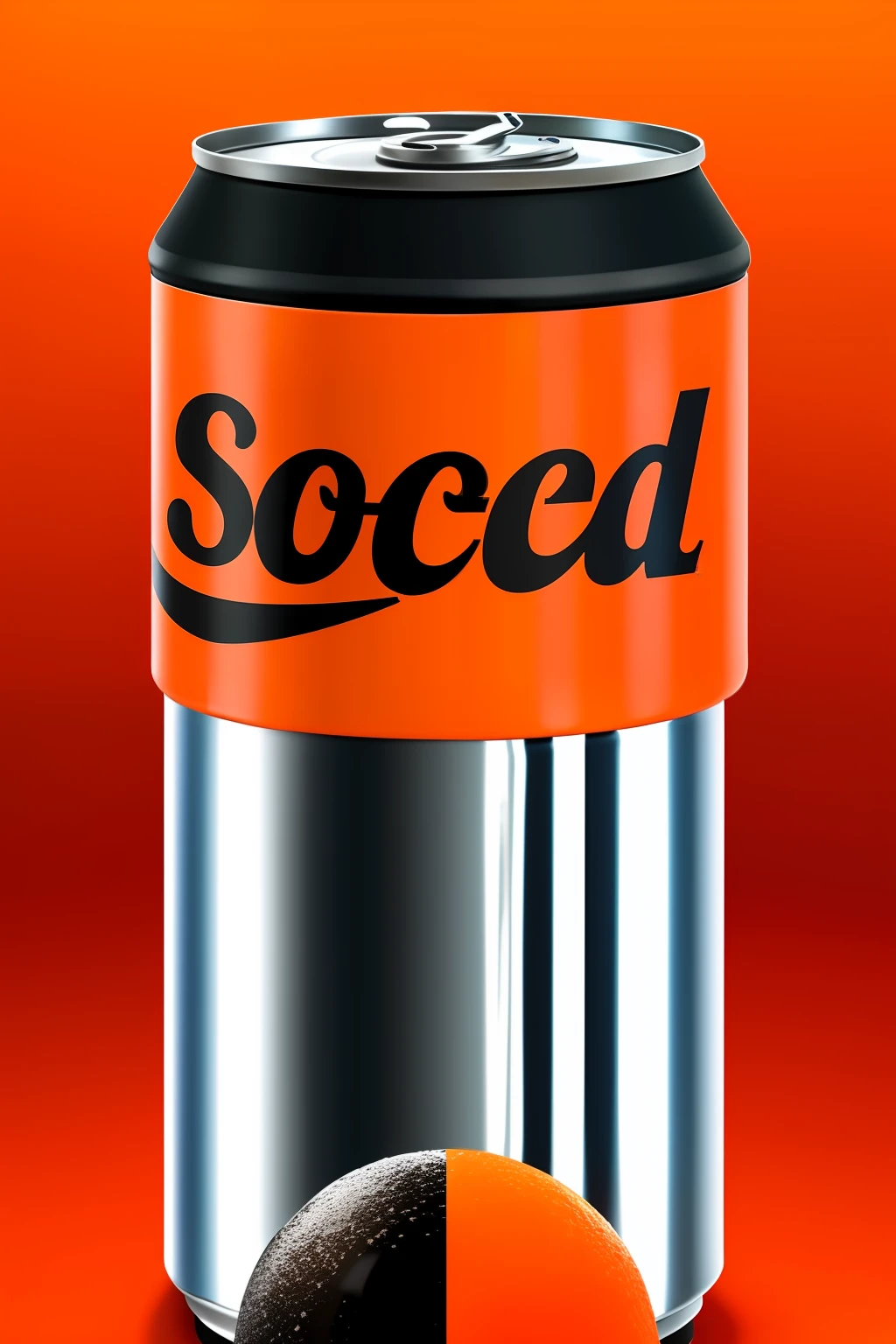 Make a can of soda with the logo totally orange and with black balls on top of a pedestal