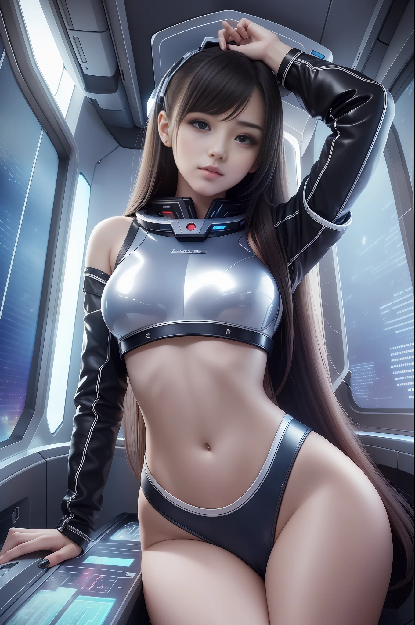 1 cute sexy beautiful girl, 20 years old, in a huge spaceship, full of technology and futuristic inside, open vision, smooth lines, inspired by the movie space traveler, seductive appearance, ultra HD, sexy long legs