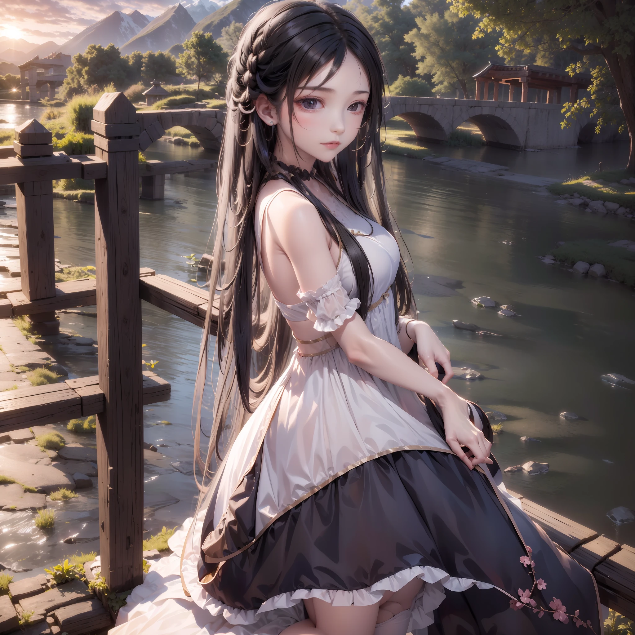 Beautiful girl, gentle, sunset, bridge, black hair, long hair, black eyes, white tender, dress, pink