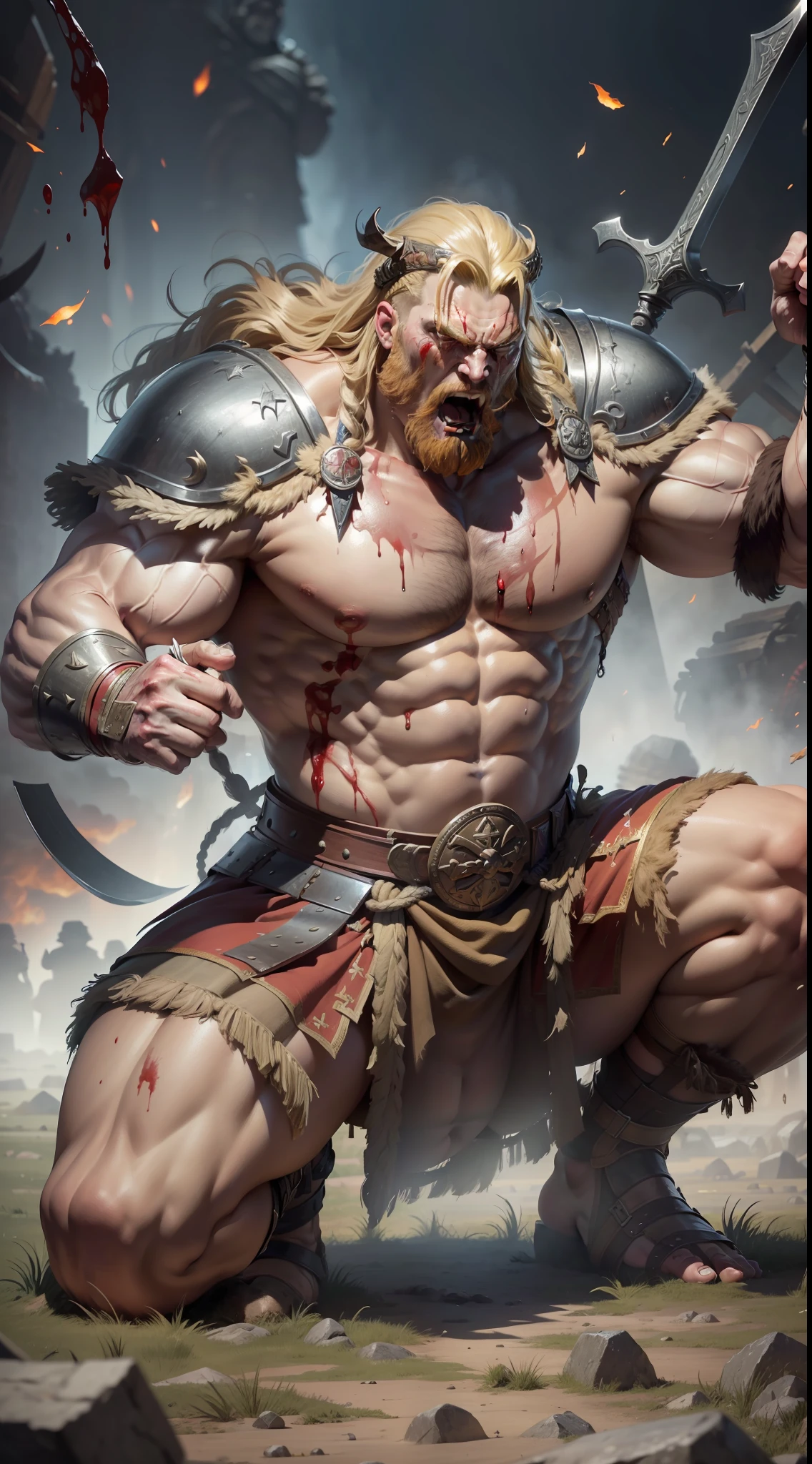 (masterpiece), best quality, an ultra-detailed, high-resolution, full-body portrait of a giant, muscular warrior Viking, characterized by immense strength, kneeling, screaming and bloodied,((( in the background several bodies resulting from a bloody battle))).