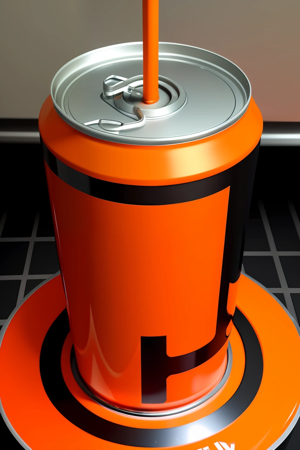 Make a can of soda with the logo totally orange and with black balls on top of a pedestal