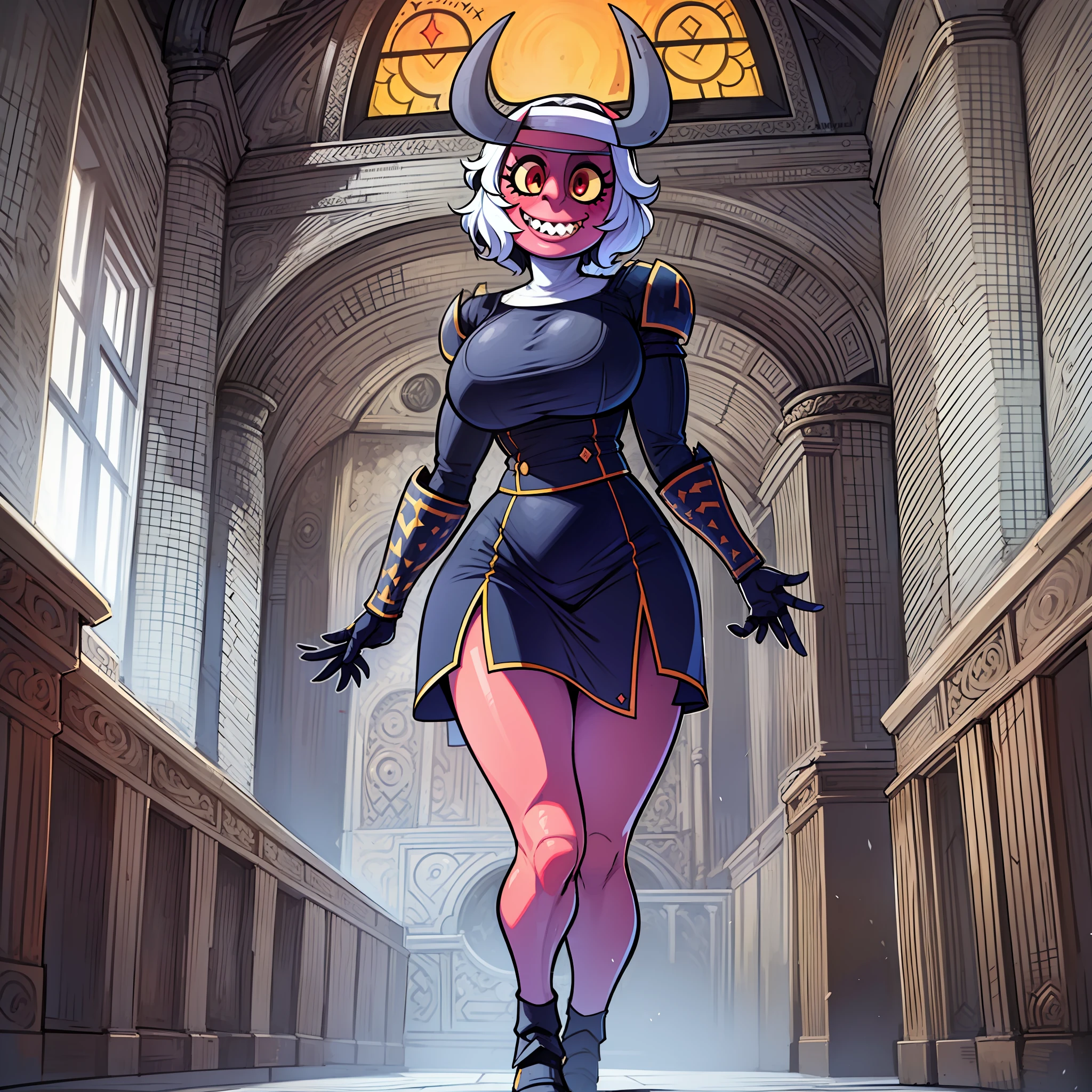 nun, demon girl, walking, bimbo, warpriesstes, silver hair, short hair, sacred gauntlets, long skiing, cute smile, pure smile, love smile,,veillong skirt, pantuhosis