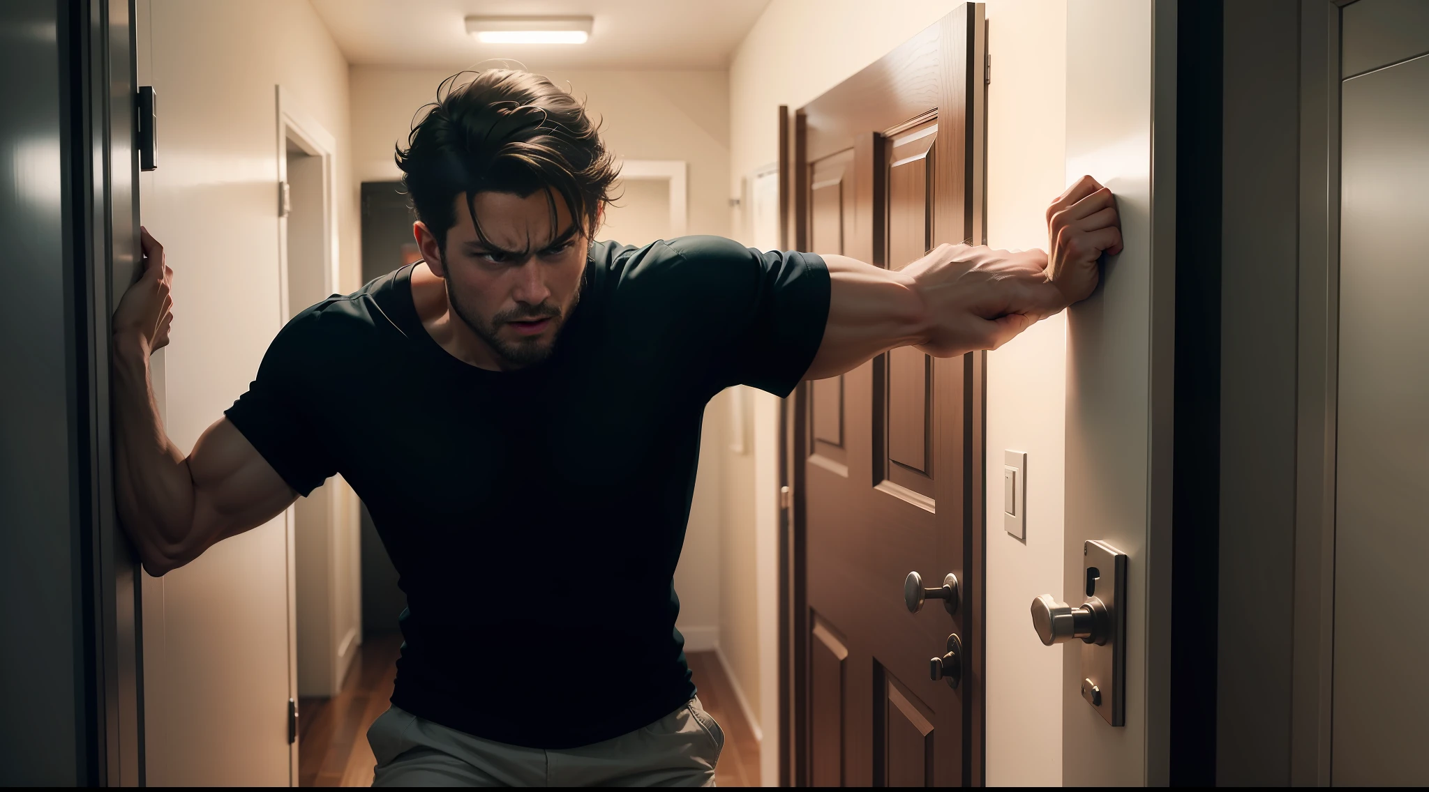 Man slamming the door in fear of the dark coming in