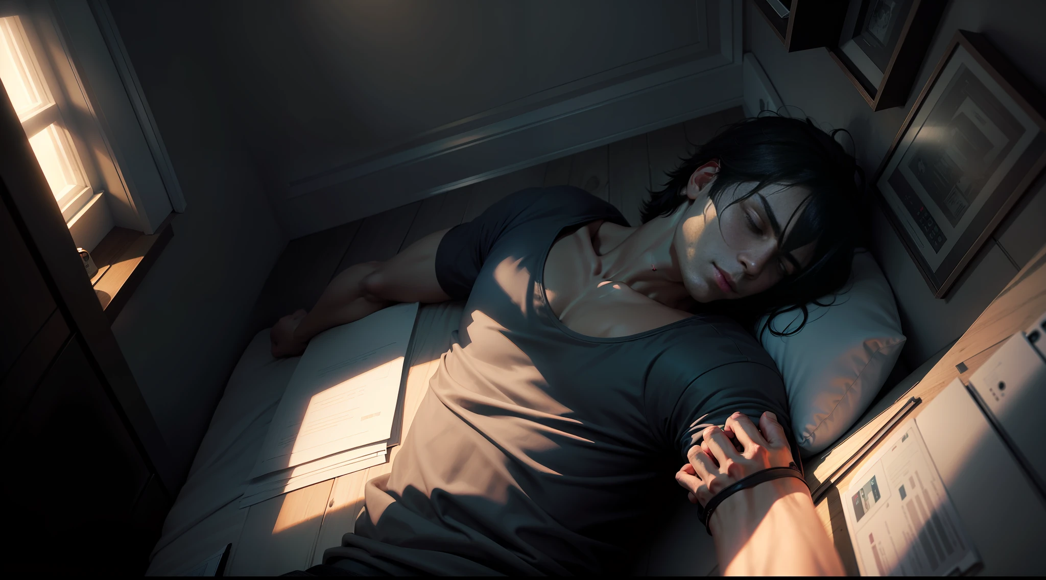 Man lying in dark room afraid of sleep paralysis