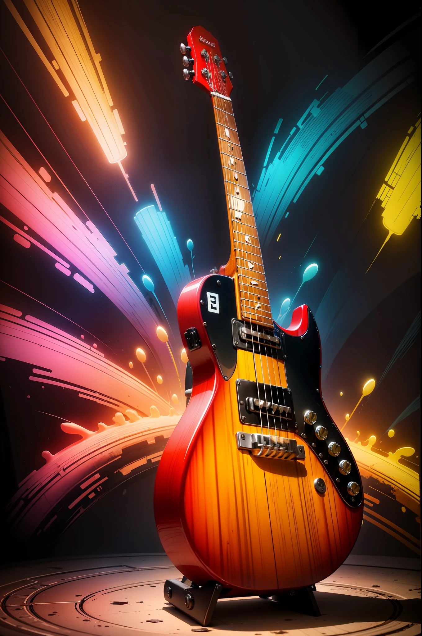 Raw 16k Ultra HD Vivid Colors Masterpiece Ultra Resolution Cinematic Digital Art, A Colorful Guitar,Inside an Aquarium, Dirty With Ink, Spicy Colors, Spicy Colors, Vivid Colors, Cinematic Lights