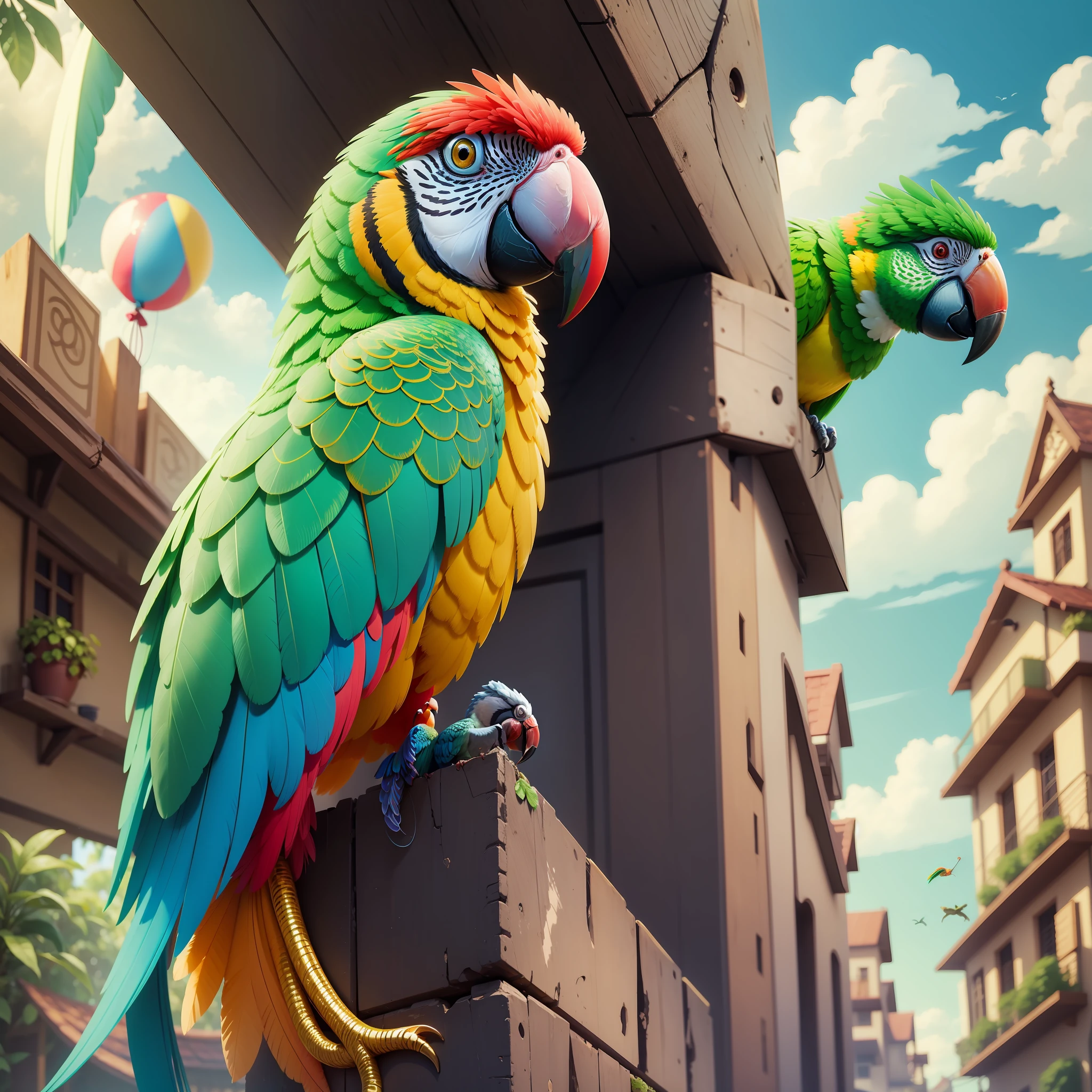 Cartoon Style (GG Bond) Parrot Bird, Animated Parrot, Brazil Bird, Balloon, Spring Trip, Green, Food