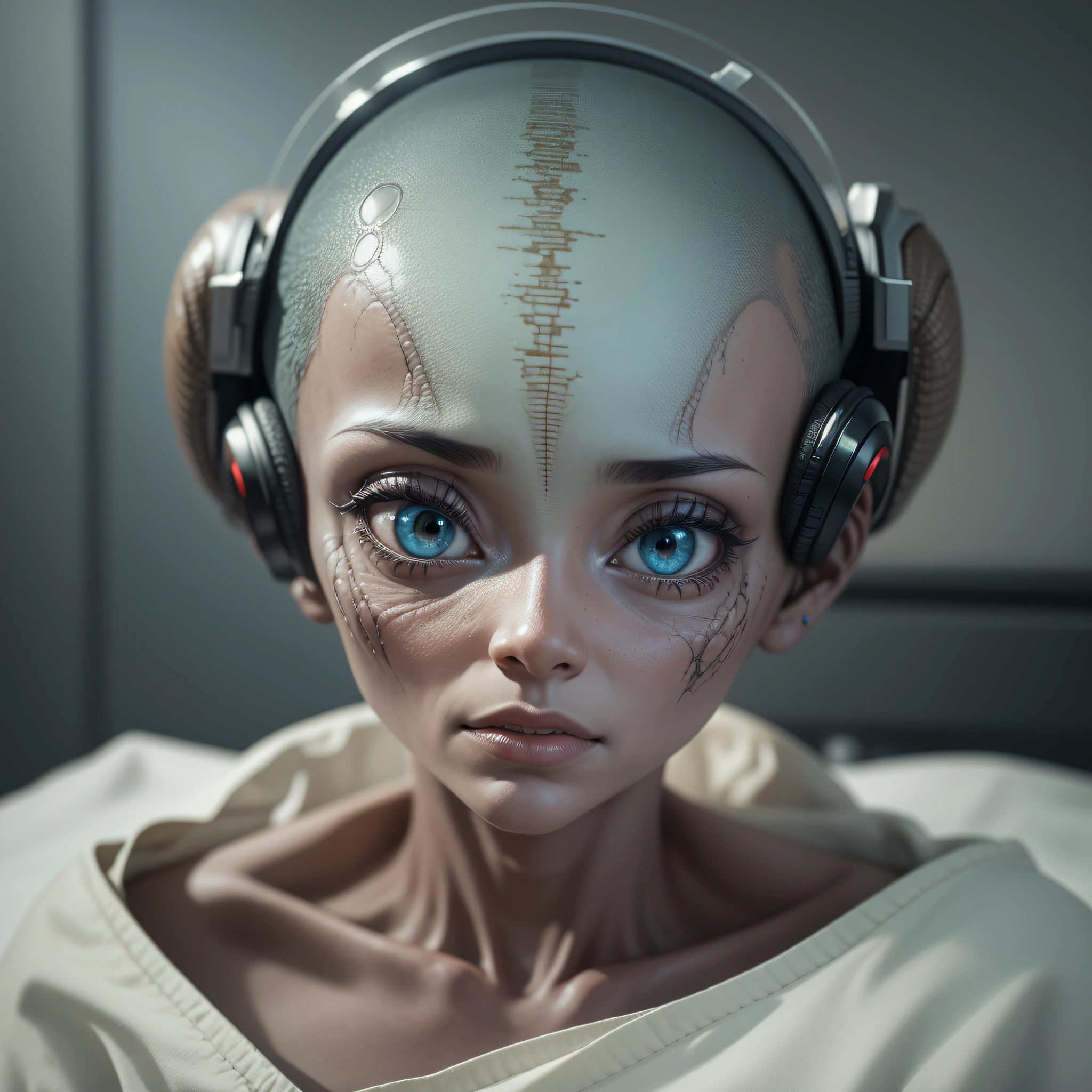 ALIEN IN BED EXAMINED BY HUMAN SCIENTISTS IN A MEDICAL LABORATORY MAKE THE PICTURE AS REALISTIC AS POSSIBLE --auto --s2