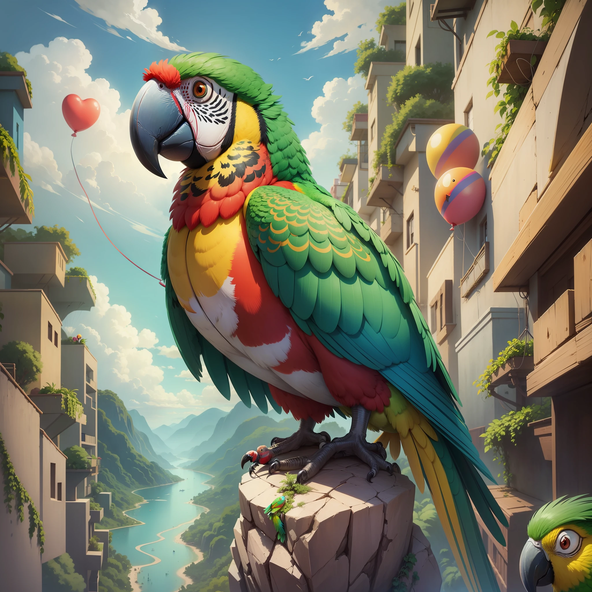 Cartoon Style (GG Bond) Parrot Bird, Animated Parrot, Brazil Bird, Balloon, Spring Trip, Green, Food