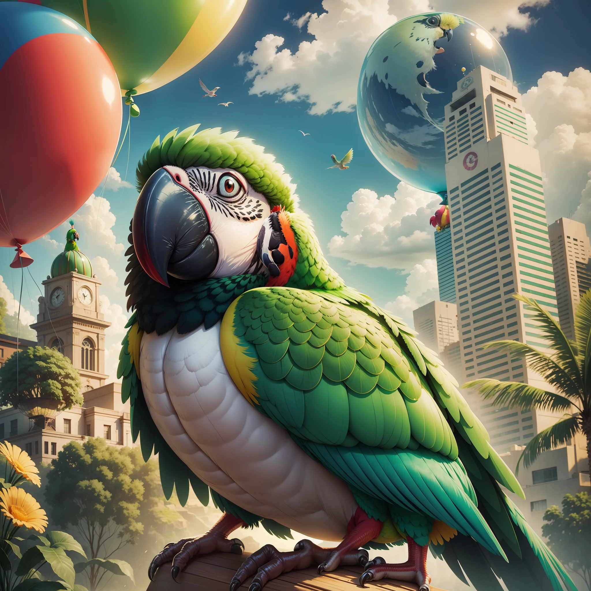 Cartoon Style (GG Bond) Parrot Bird, Animated Parrot, Brazil Bird, Balloon, Spring Trip, Green, Food