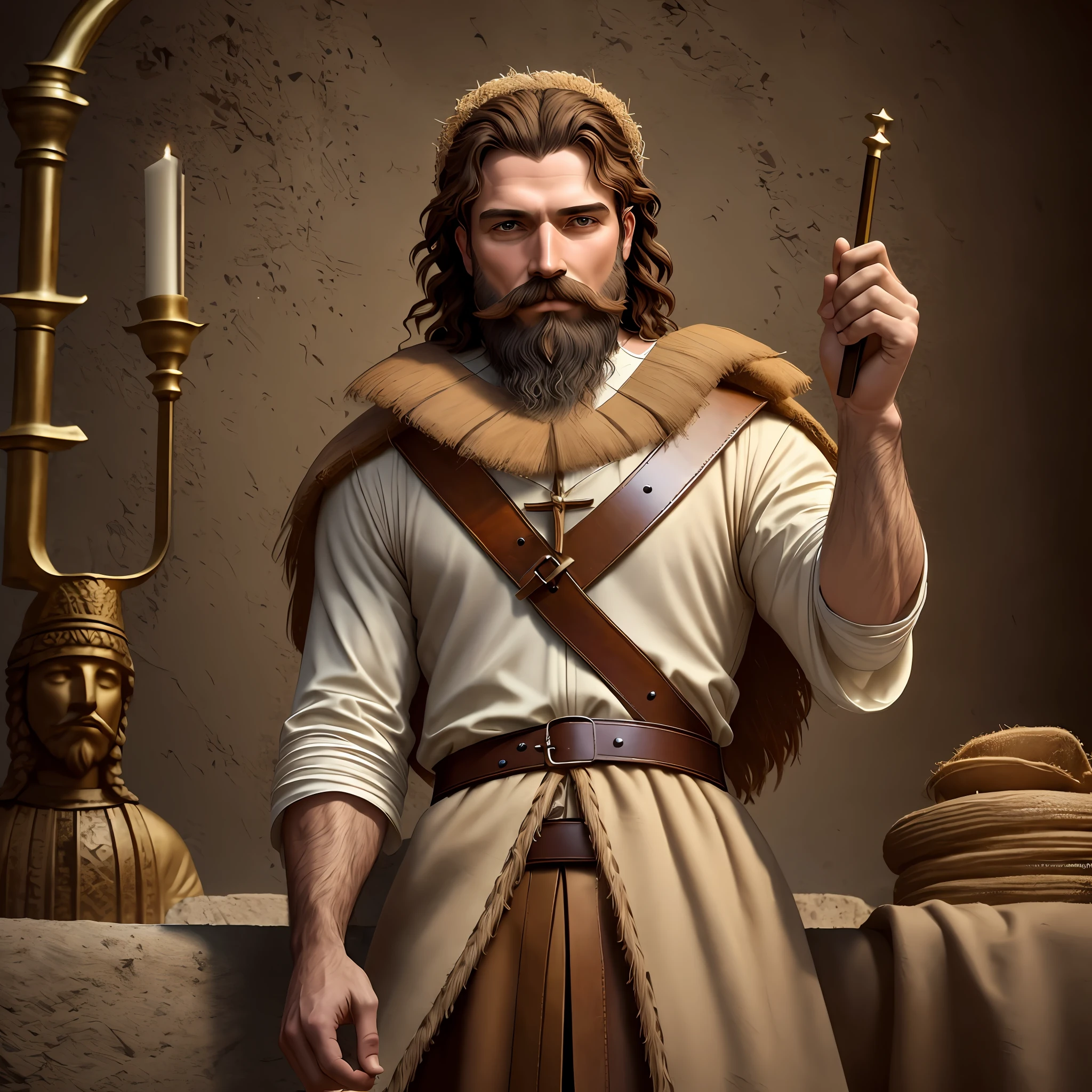 Realistic image of St. John the Baptist, raised right arm, medieval clothes made of camel hair, with a leather belt, short brown hair and beard and mustache --auto --s2