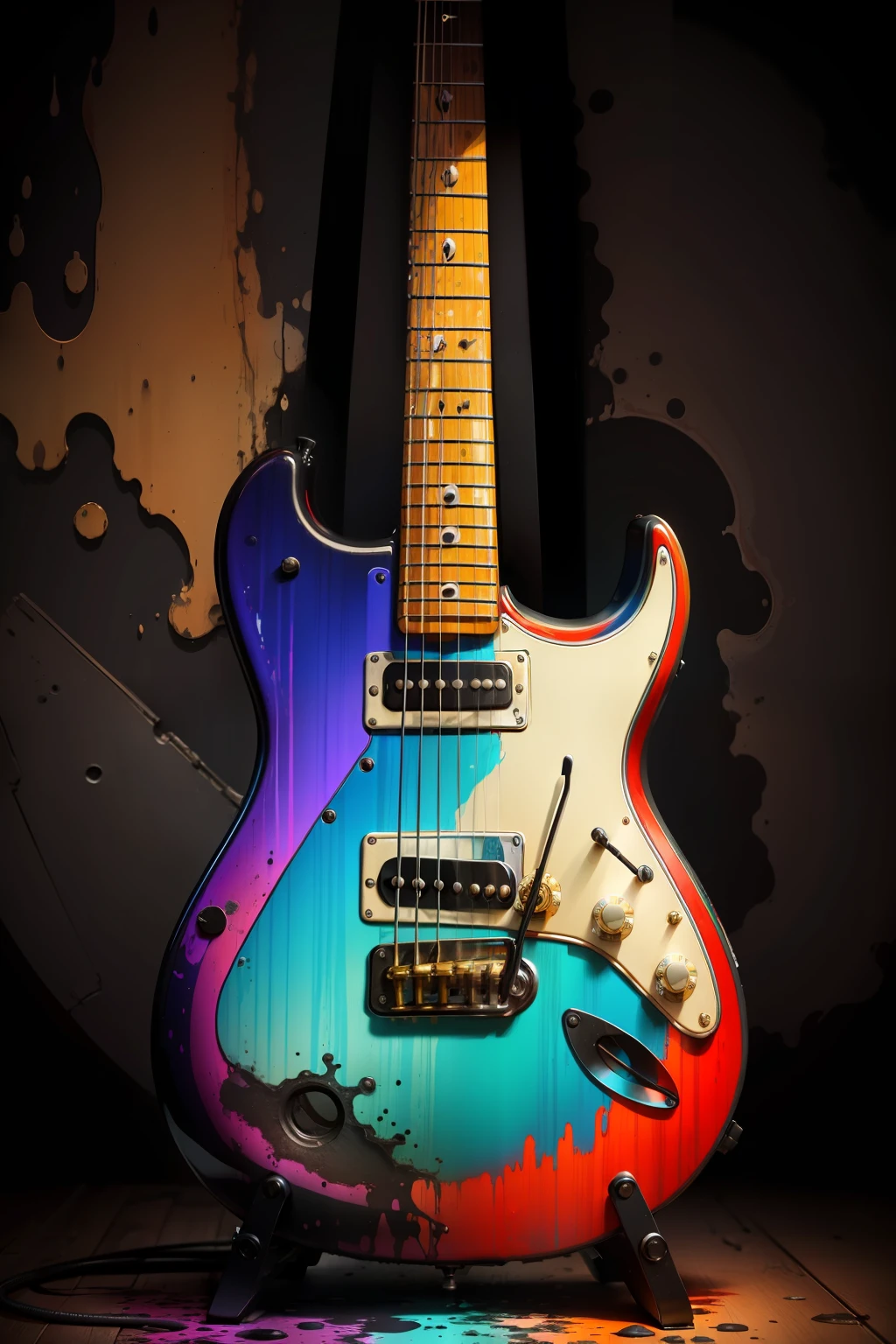 Raw 16k Ultra HD Vivid Colors Masterpiece Ultra Resolution Cinematic Digital Art, A Colorful Guitar,Inside an Aquarium, Dirty With Ink, Spicy Colors, Spicy Colors, Vivid Colors, Cinematic Lights