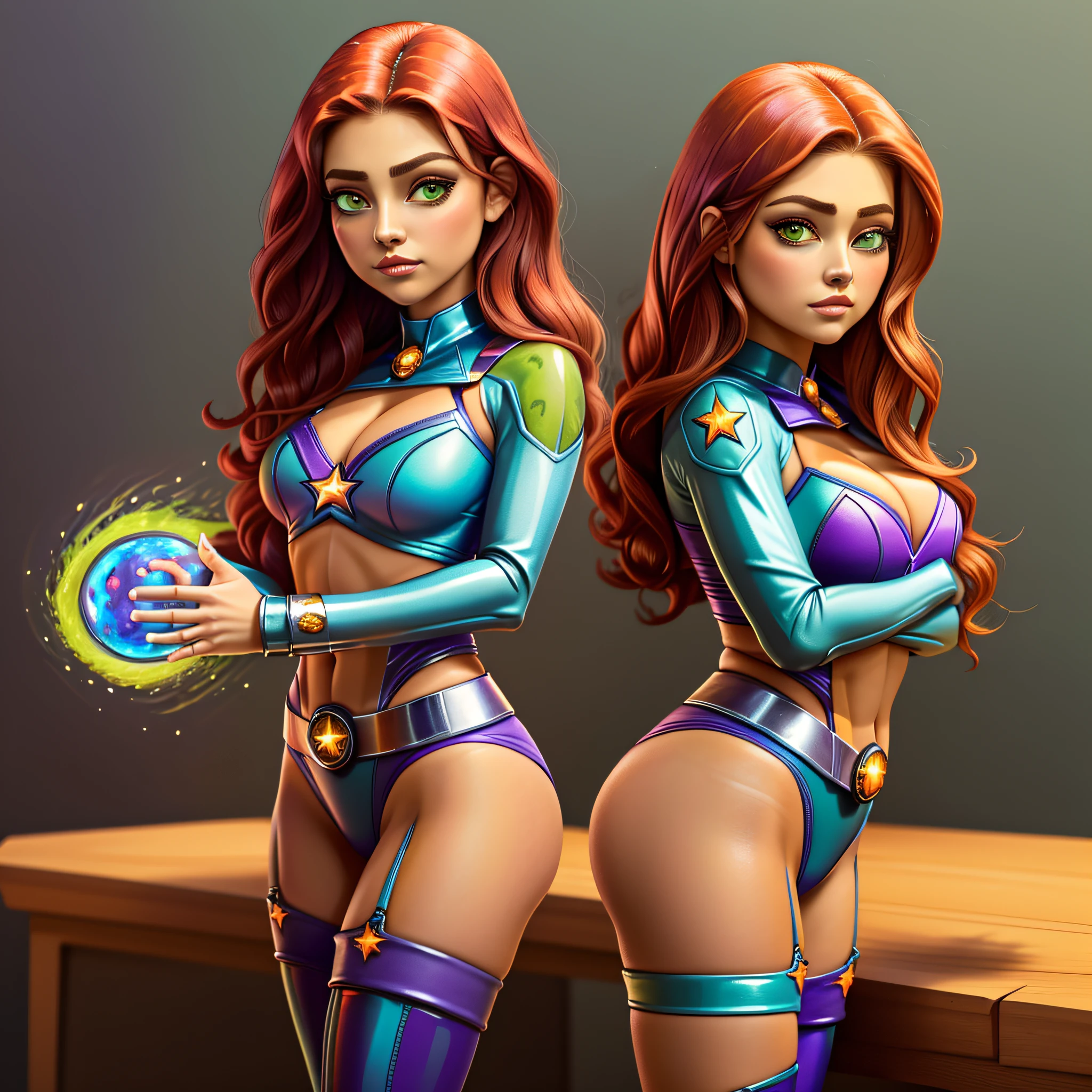 STICKER, Starfire, (best quality, masterpiece, highres:1.3), (solid outline:1.2), absurdres, women full view, large breasts, star eye, Starfire, Superhero, blush, green eyes, red hair, purple, see thru, milf, full body portrait, cowboy shot, no background, looking up, perfect face, detailed face, bangs, perfect body, beautiful eyes, pretty face, bright skin, idol, shoes, cleavage, face view, ass view, side by side, sexy stockings, pruple bra and panties, full body, shoes visible, standing up, hands behind