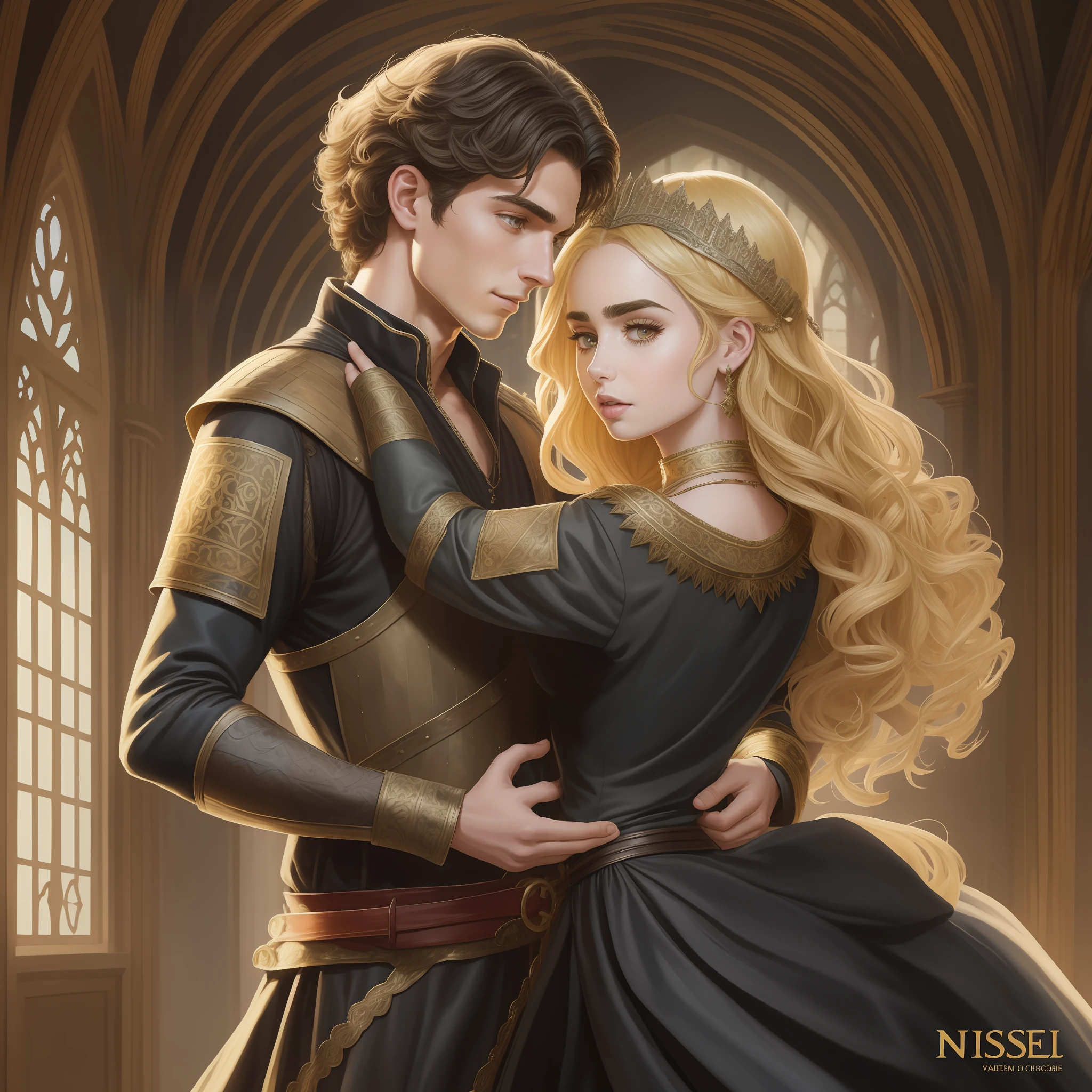 Lily Collins, who has curly black hair, wears a medieval dress. the Neels Visser wears a medieval military outfit and has blonde hair. The couple is waltzing in the ballroom. The illustration is like a book cover with a detailed, bright, illuminated, ultra detailed background, concept art, elegant, art by Justin Gerard