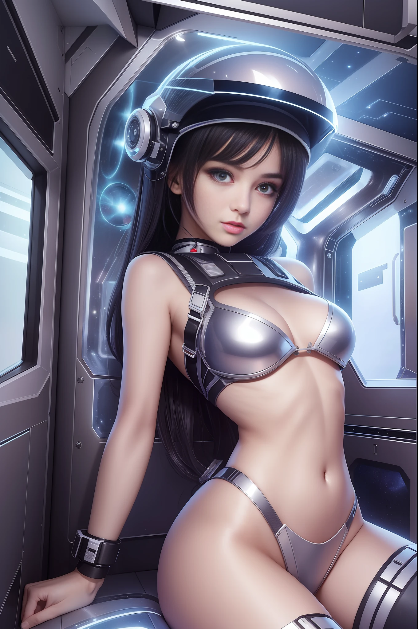 1 cute sexy beautiful girl, 20 years old, in a huge spaceship, full of technology and futuristic inside, open vision, smooth lines, inspired by the movie space traveler, seductive appearance, ultra HD, sexy long legs