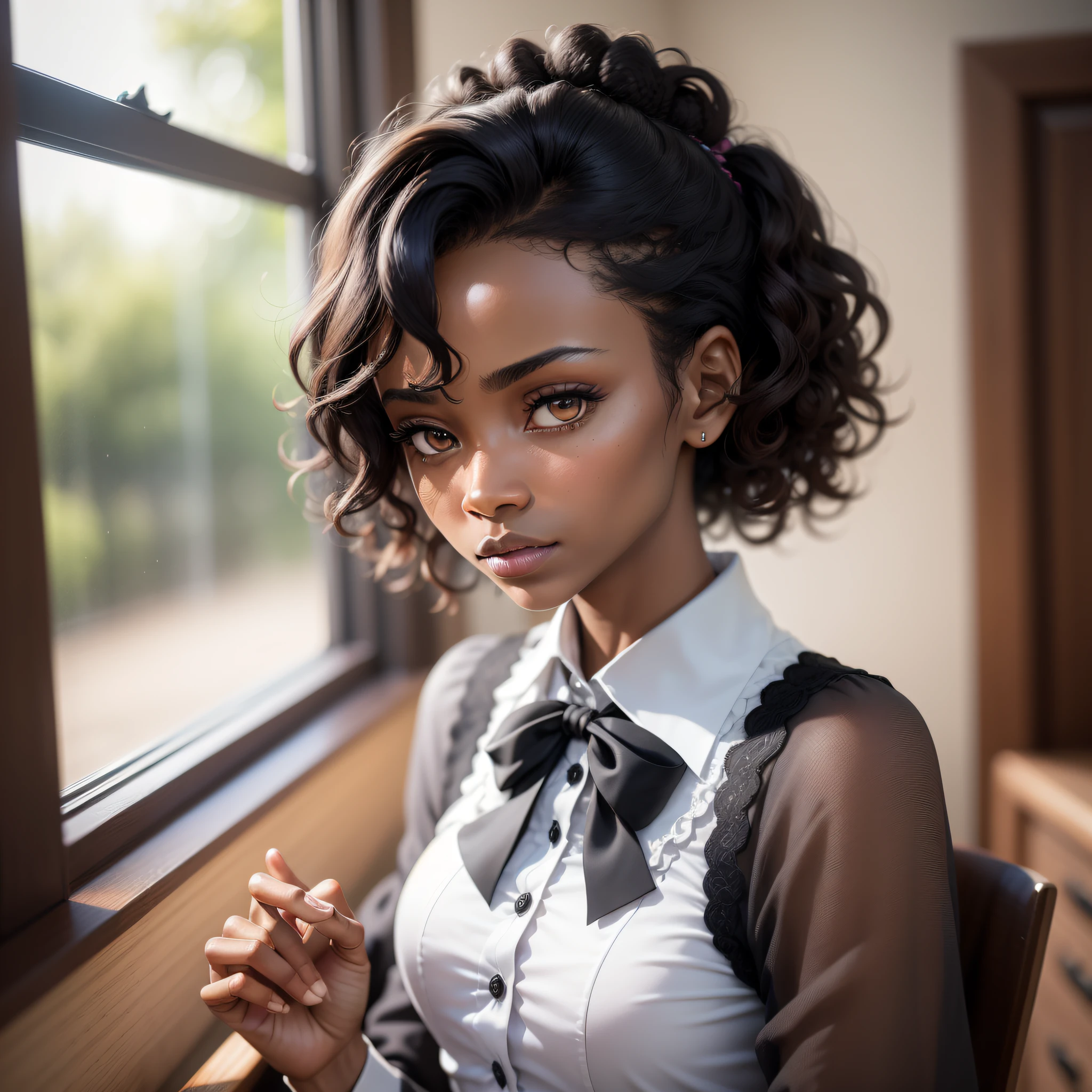 A black woman from the 1700s, 18 century, 30 years old, brunette, adult, very thin, dark black hair up, browned eyes, wearing office clothes, formal, wearing formal clothes, such as a white social and black dress, polite, delicated, Looking at the landscape through the window, longing look, missing someone, (Best Quality), (Highly Detailed), (Motion Blur), (Chromatic Aberration), (Glowing Light), (God Rays), (Ray Tracing), (Reflection Light), (backlighting), (bloom), (close-up), (Eye-Level Shot), (Sony FE), (dynamic angle: 1.2 ), (background detailed), (Full Body Shot: 1), (eyes detailed), (Sony FE GM), (UHD), (16k, high quality), (super detail), (high details), (Eye-level Shot), (HD), (Dramatic), (Adult), (Very thin) (Secretary), (afro appareance), (black people), (Mozambican: 1.0), ((brunette)), (Thin), (well behaved)