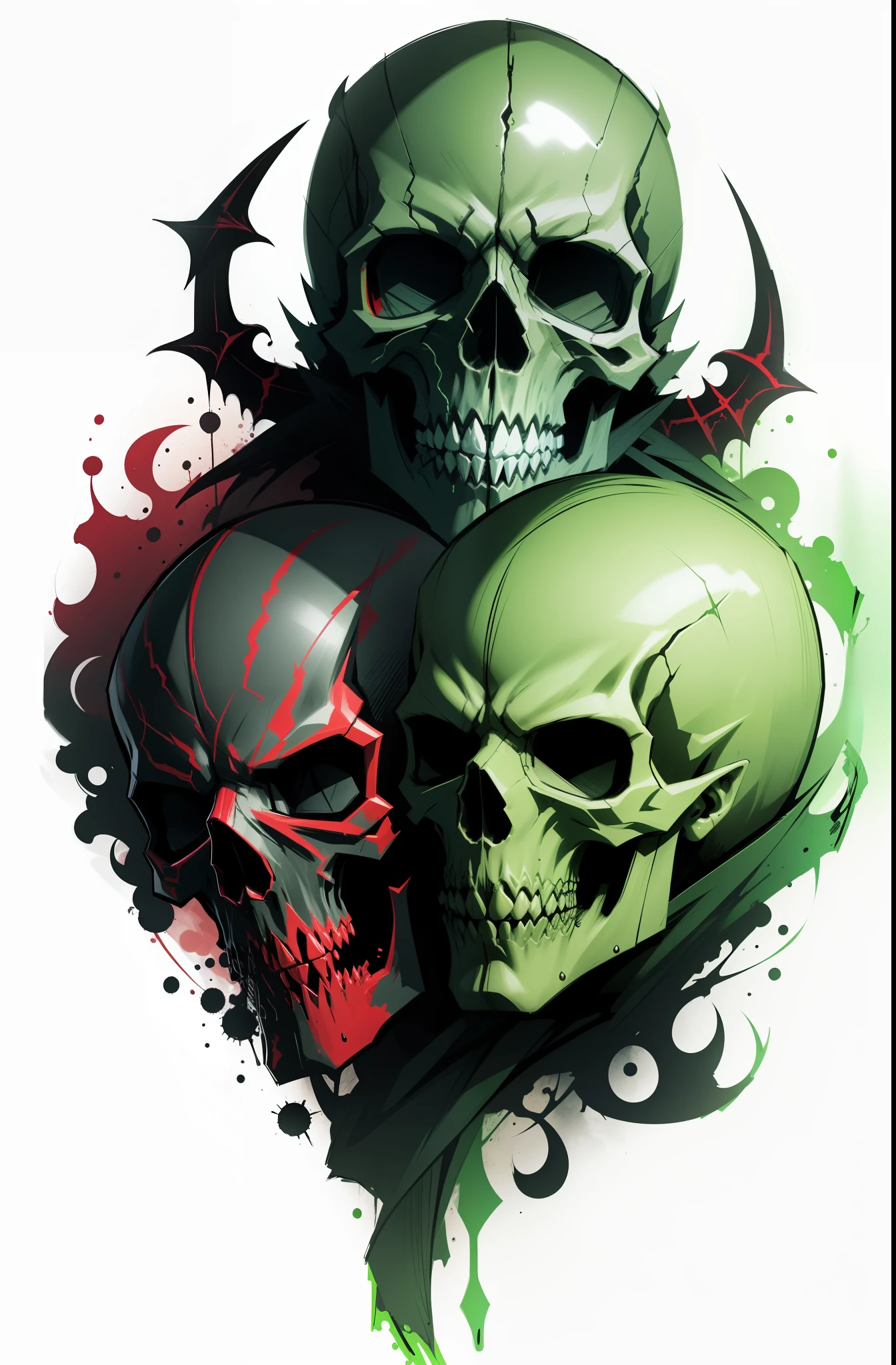 A demonic skull with shades of green and red,Colorful art, sketch, sketch, tattoo design, closeup, new school style art, 8k.
