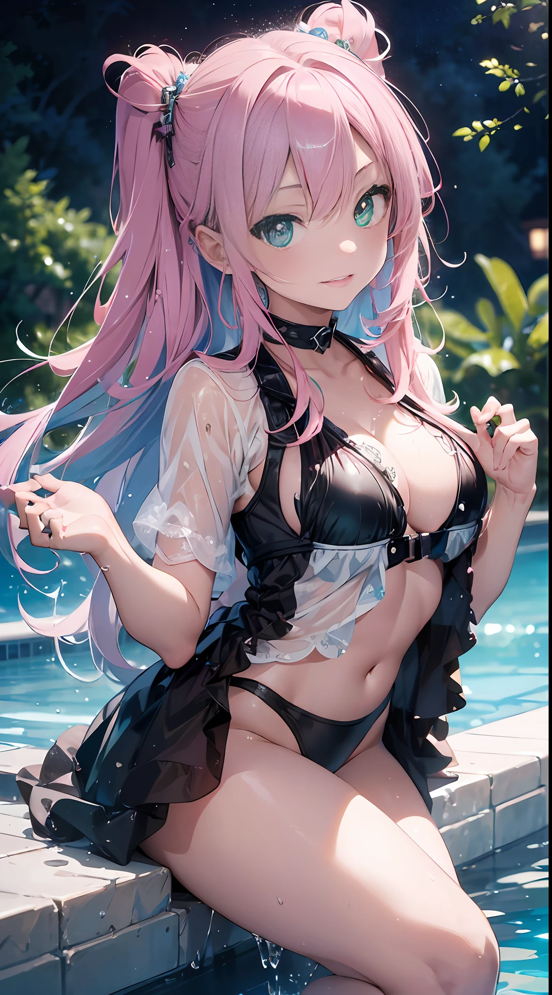((Masterpiece)), (Super detail, top quality, high resolution, 8k wallpaper)) (One girl) (pink hair, long hair, straight hair, both sides up)) (green eyes), eyeshadow, eyeliner, glow eyes, hyper detail eyes, complex eyes, beautiful eyes, (sparkling pink pupils)) 18 year old girl. Seductive smile. Girl in white swimsuit drinking drink in pool at night (transparent jacket made of PVC material) splashing, wet, water droplets