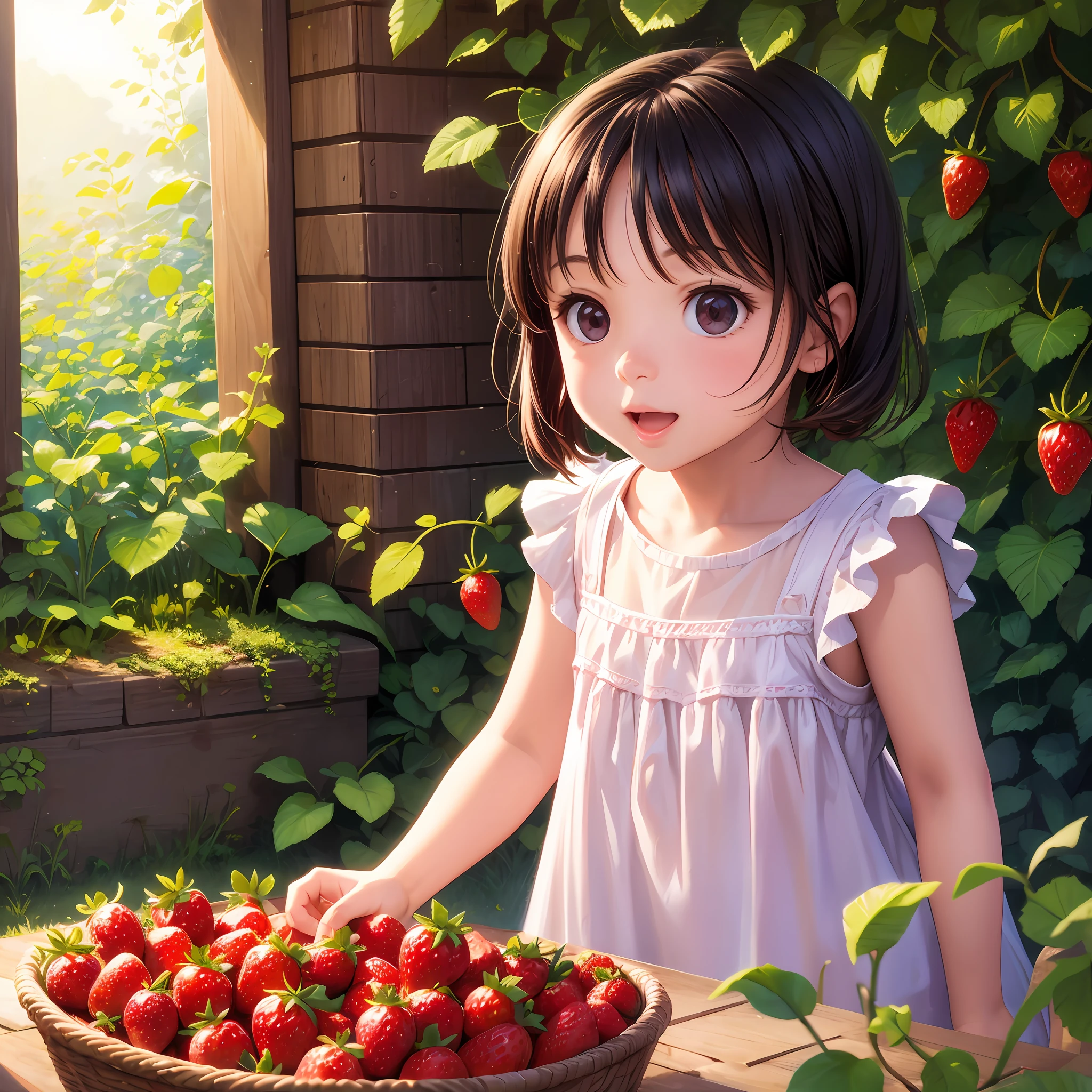 Little child in strawberry garden, ripe strawberries, sunshine, fun, dynamic light, realistic,
digital painting, high quality, 8K --auto --s2