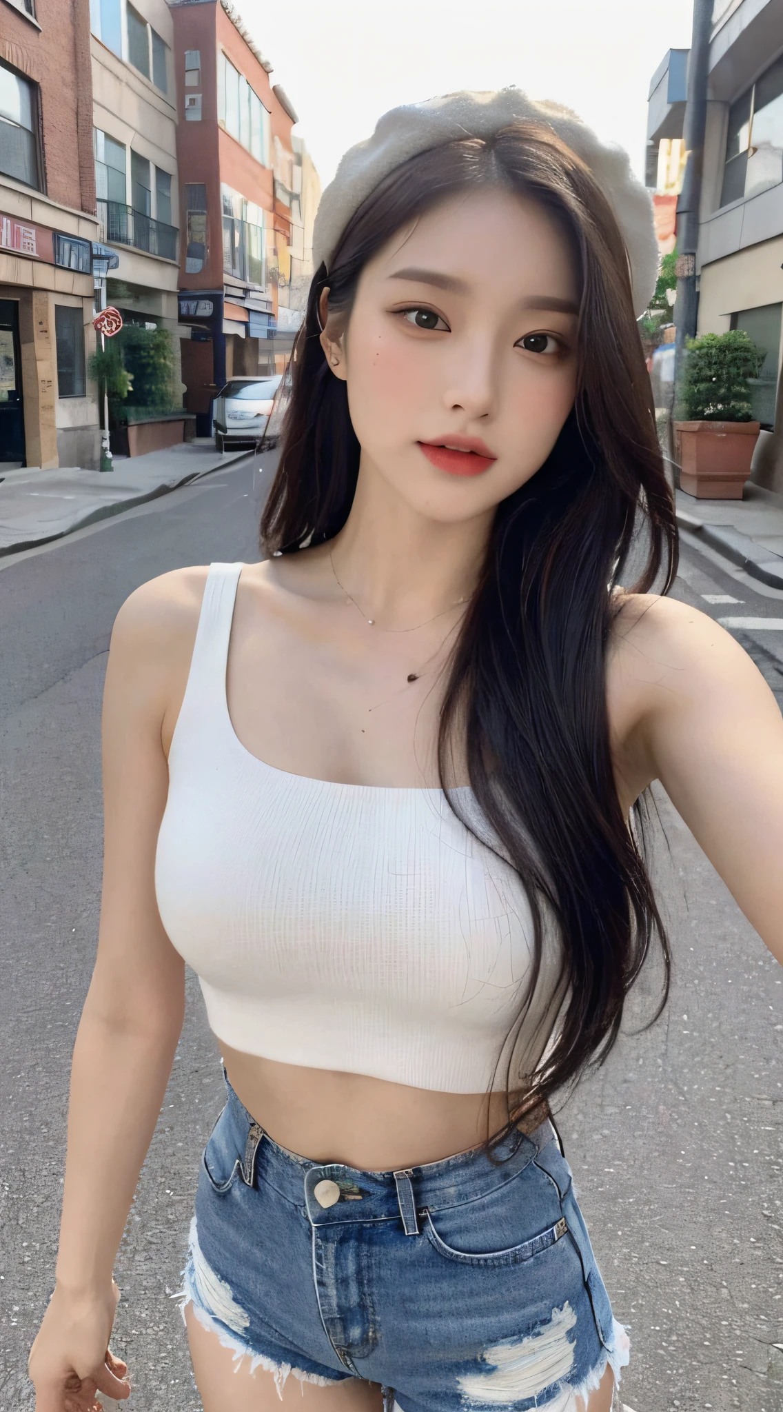 ((Best Quality, 8K, Masterpiece: 1.3)), (Flower Cap: 1.3), Focus: 1.2, Perfect Body Beauty: 1.4, Buttocks: 1.2, (Layered Haircut: 1.2)), (Dark Street: 1.3), Highly Detailed Face and Skin Texture, Full Body, Delicate Eyes, Double Eyelids, Whitened Skin, Long Hair, (Round Face: 1.5), (Loose Crop Top, Shorts: 1.6)
