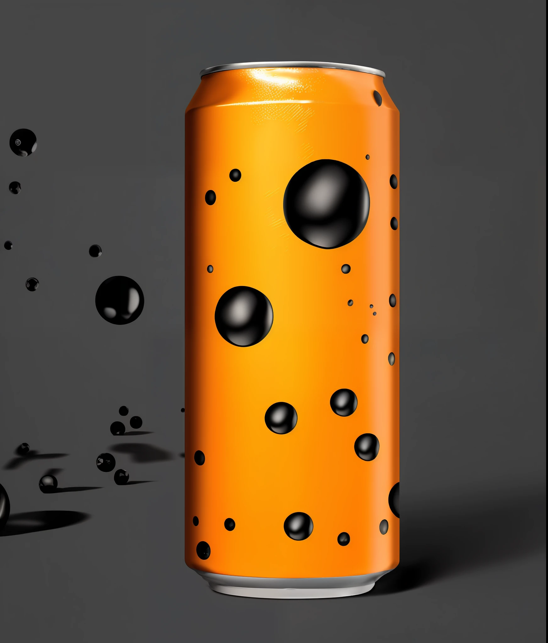 mockup of (soda can with (beautifully illustrated just a gorgeous orange background with several black balls on it):1.2) with a black background, Android Jones, afrofuturism, macrophotography render hyper realistic octane, hard surface modeling, 8k, clean, sharp focus, CGSociety
