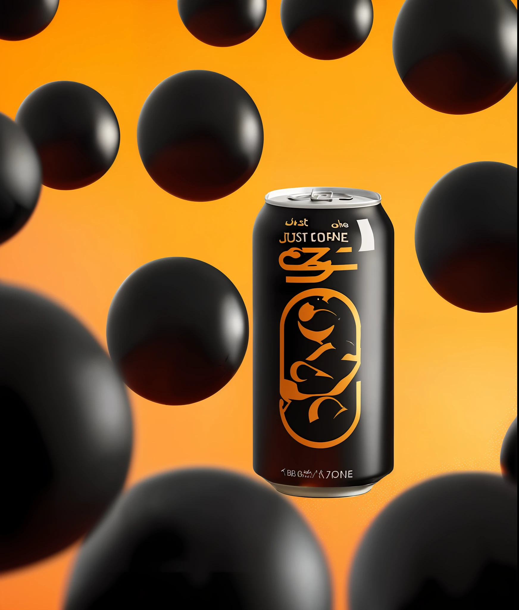 mockup of (soda can with (beautifully illustrated just a gorgeous orange background with several black balls on it):1.2) with a black background, Android Jones, afrofuturism, macrophotography render hyper realistic octane, hard surface modeling, 8k, clean, sharp focus, CGSociety