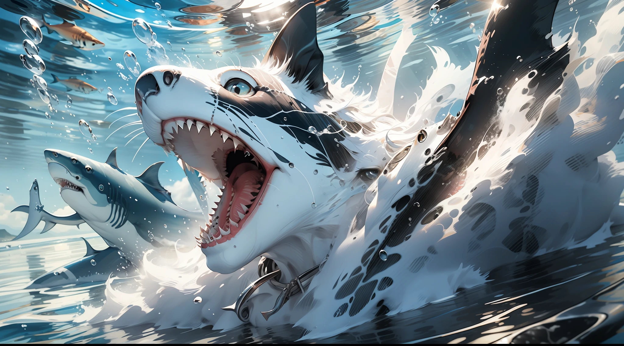 Realistic white shark swimming fast opening mouth, artwork, beautiful texture, no blemish, image perfection., 8k, best quality, high quality