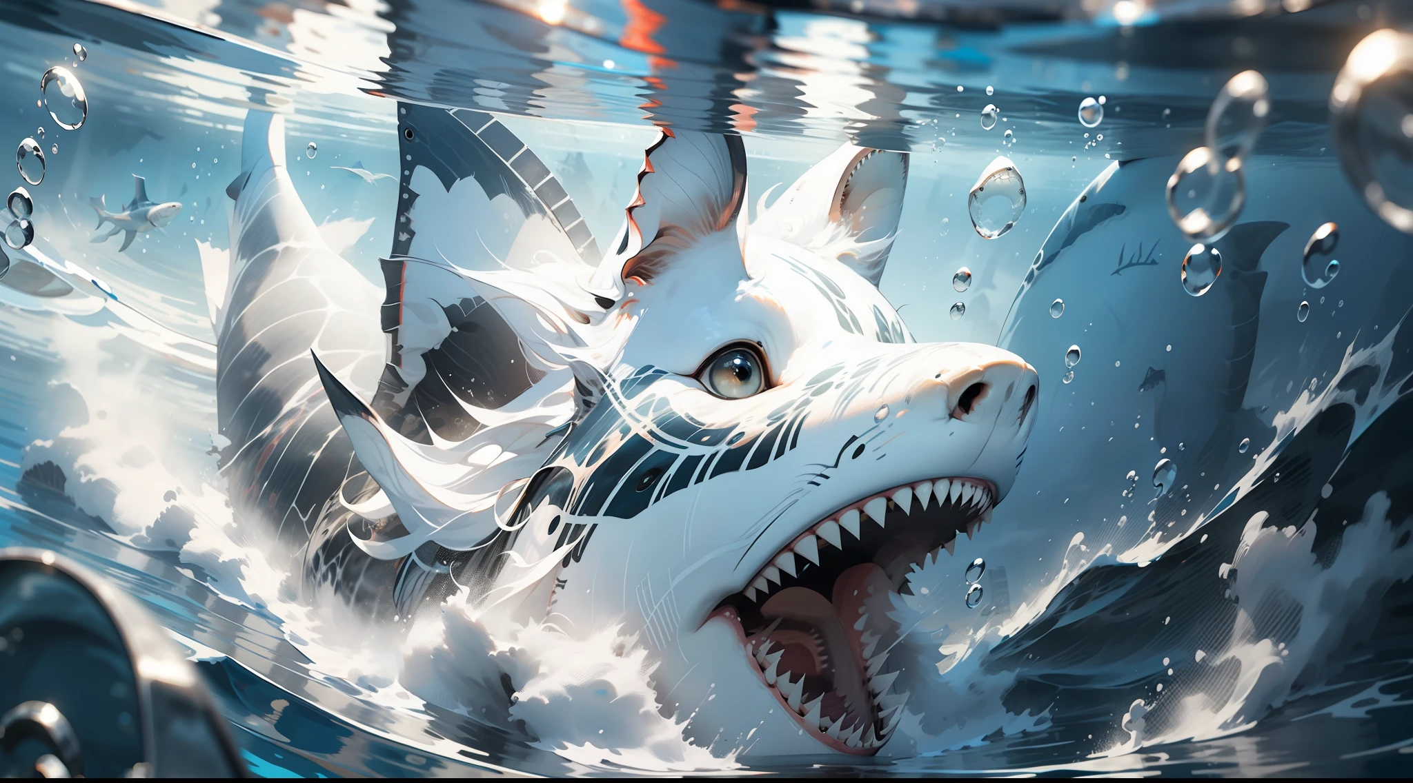 Realistic white shark swimming fast opening mouth, artwork, beautiful texture, no blemish, image perfection., 8k, best quality, high quality