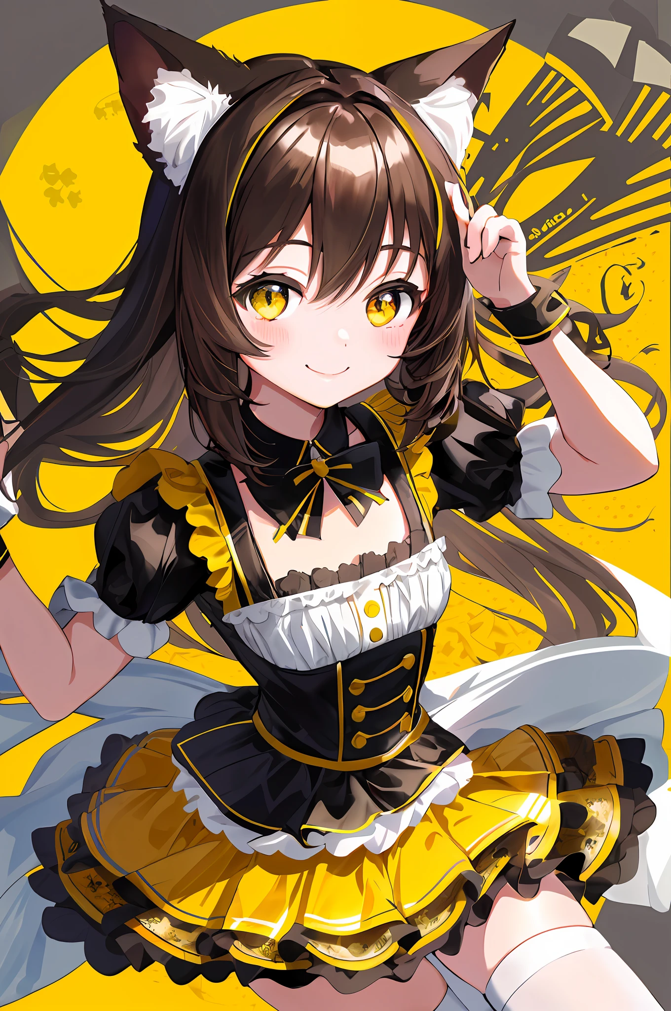 (Little Chibi: 1.5), Solo, Full Body, Highly Detailed Face, Dressed in Yellow and Black Maid Outfit, (Smile: 1.2), Lively, (Gravure Pose: 1.3), Beautiful Detailed Eyes, Looking Up, Light Brown Long Hair, Cat Ears, Masterpiece, Top Quality, Highly Detailed 8k Wallpaper