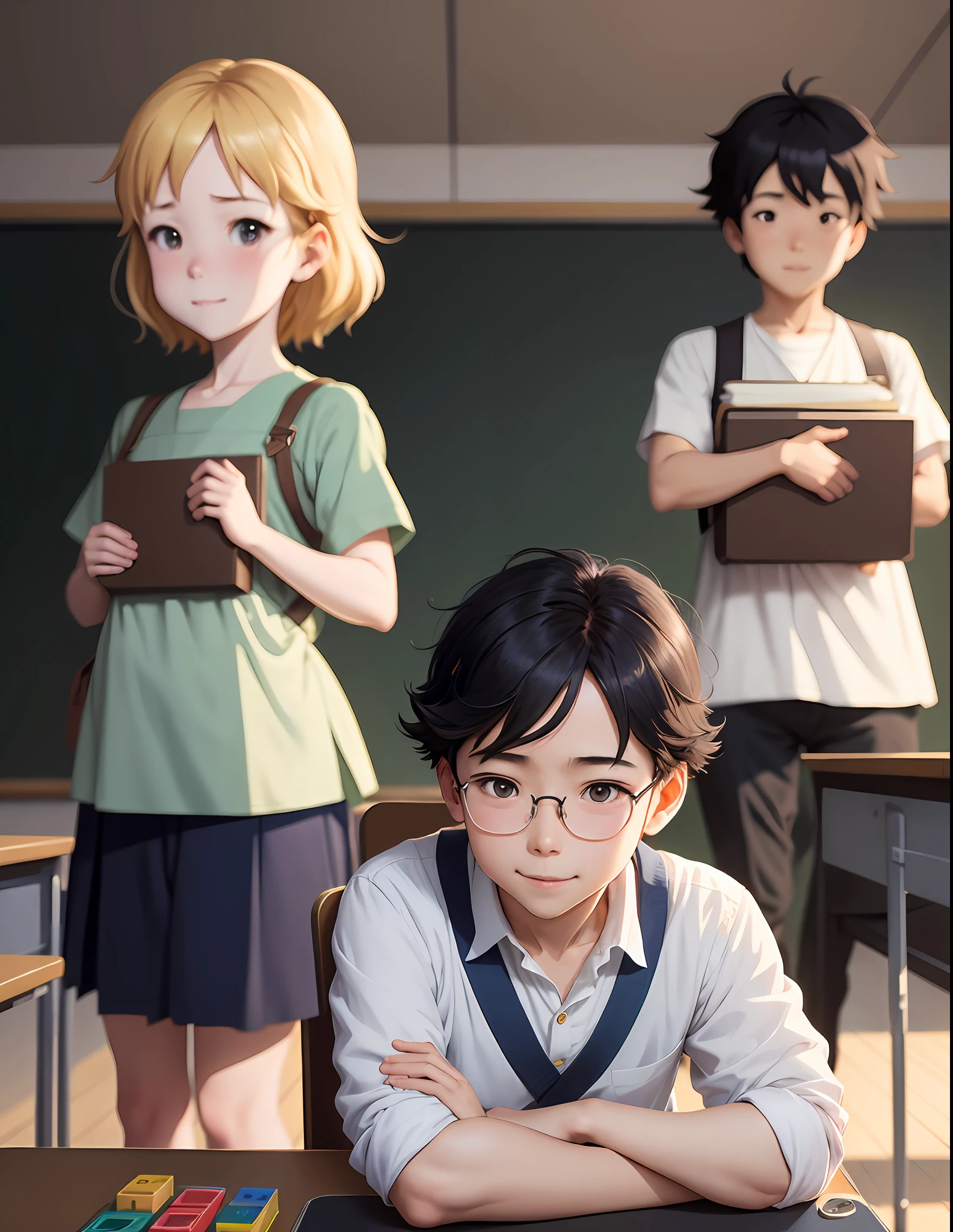 A happy boy playing with toys in the classroom, simple art inspired by the visual style of the ghibli studio, baroque oil painting anime key visual full body portrait concept art of character, kuudere noble dictator, pixiv trend fanbox, rule of thirds golden ratio, by greg rutkowski wlop makoto shinkai takashi takeuchi studio ghibli jamie wyeth concentrated and with the mind creating several parallels
