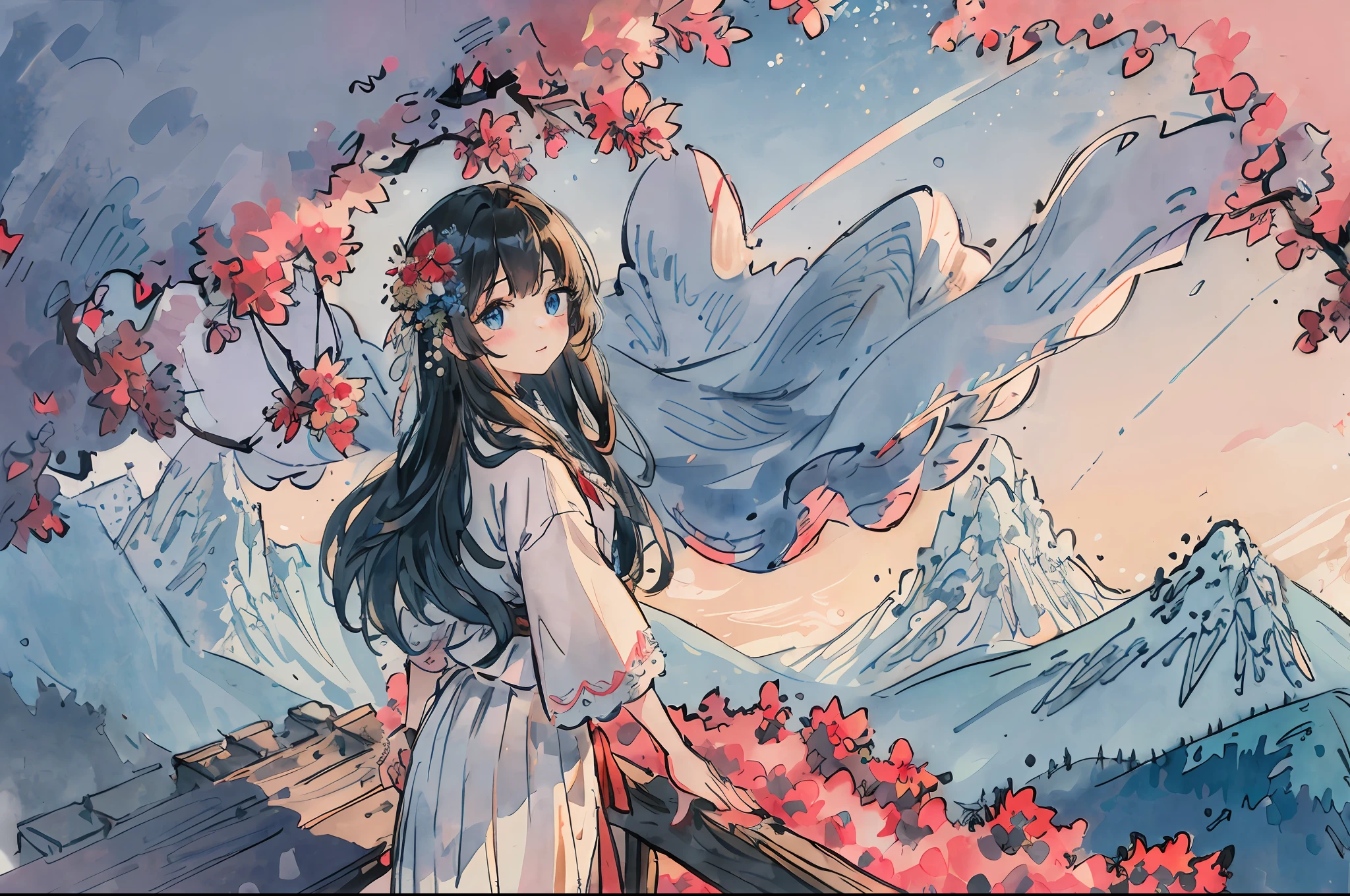 (1girl:1.2), slight blush, hands down, wavy hair, long hair, fluffy hair, black hair, blue eyes, flowers, hair flower, capelet, lace trim, bodice, wind, winter, mountain range, mountain sitting near mountain, detailed water, sparkling eyes, light smile, peaceful, extremely detailed, depth of field, cinematic lighting, Ghibli-like colours, high detail, scenery, high place, horizon, wind, wind blow, looking at viewer, ta clothes, 8k, standing on wooden bridge, bokeh, from side, award winning, (masterpiece:1.2), best quality, anatomically correct, perfect hands