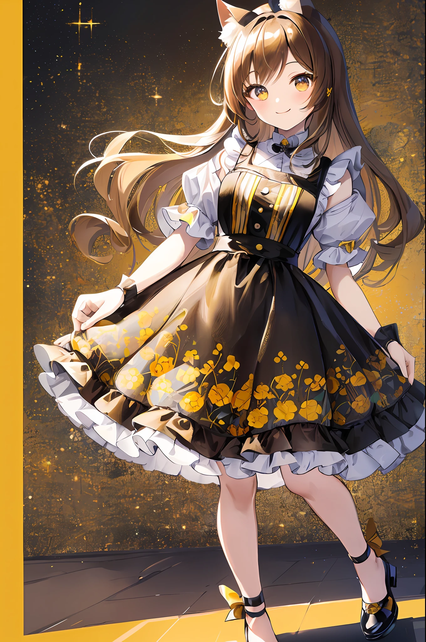 (Chibi Chibi: 1.3), Solo, full body, wearing yellow and black maid clothes, highly detailed face, (smile: 1.2), lively, (gravure pose: 1.4), beautiful detailed eyes, looking up, light brown long hair, cat ears, masterpiece, top quality, highly detailed 8k wallpaper