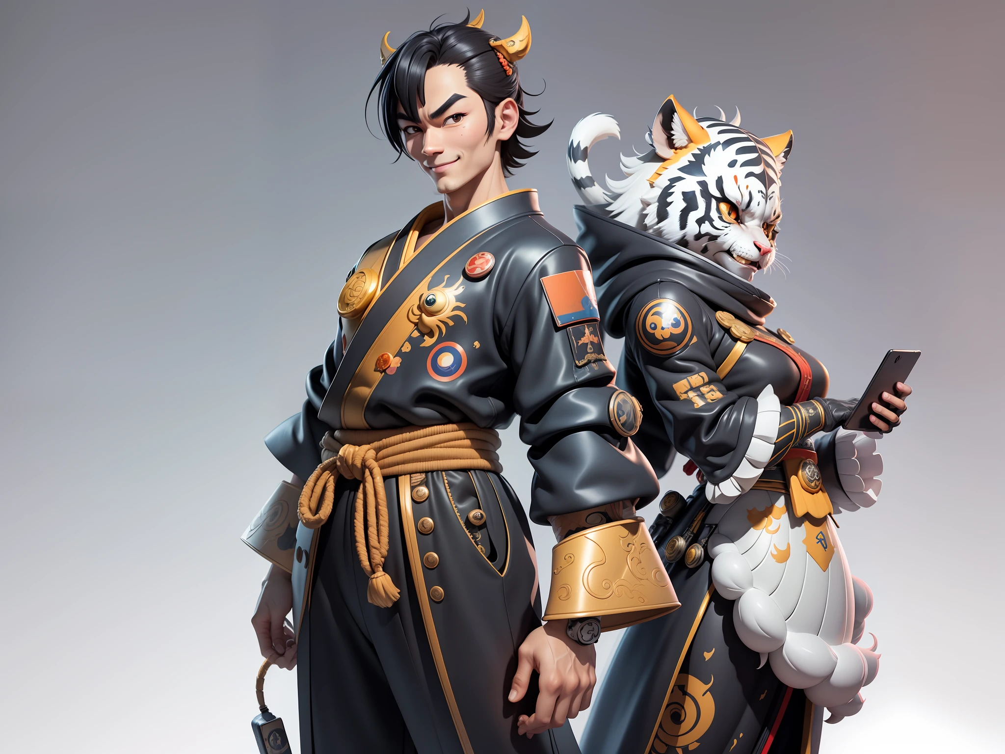 (Masterpiece), (Extreme Quality), (Super Meticulous), (Full Body: 1.2), Super Young Woman, Japanese Female Geisha, Beauty, Chinese Dragon, Tiger, Fengshen Thor, Sexy, Bursting, Oriental Face, TV Anchor, Bust Portrait Illustration, Alone, Black Suit, Blue Tie, Slightly Chubby, Very Clean Face, No Beard, Black Super Short Hair, Black Eyes, Confident Smile, 3c Computer Sub-Products, iPad, iPhone, Digital Painting, 3D character design by Mark Clairedon and Pixar and Hayao Miyazaki and Akira Toriyama, the illustrations are HD illustrations in 4K resolution with highly detailed facial features and cartoon-style visuals.
