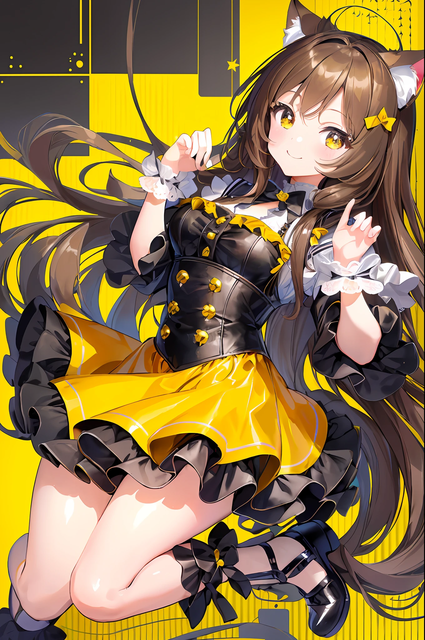 (Chibi Chibi: 1.3), Solo, full body, wearing yellow and black maid clothes, highly detailed face, (smile: 1.2), lively, (gravure pose: 1.4), beautiful detailed eyes, looking up, light brown long hair, cat ears, masterpiece, top quality, highly detailed 8k wallpaper