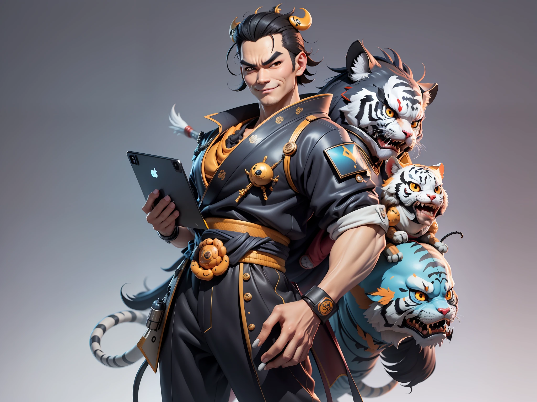 (Masterpiece), (Extreme Quality), (Super Meticulous), (Full Body: 1.2), Super Young Woman, Japanese Female Geisha, Beauty, Chinese Dragon, Tiger, Fengshen Thor, Sexy, Bursting, Oriental Face, TV Anchor, Bust Portrait Illustration, Alone, Black Suit, Blue Tie, Slightly Chubby, Very Clean Face, No Beard, Black Super Short Hair, Black Eyes, Confident Smile, 3c Computer Sub-Products, iPad, iPhone, Digital Painting, 3D character design by Mark Clairedon and Pixar and Hayao Miyazaki and Akira Toriyama, the illustrations are HD illustrations in 4K resolution with highly detailed facial features and cartoon-style visuals.