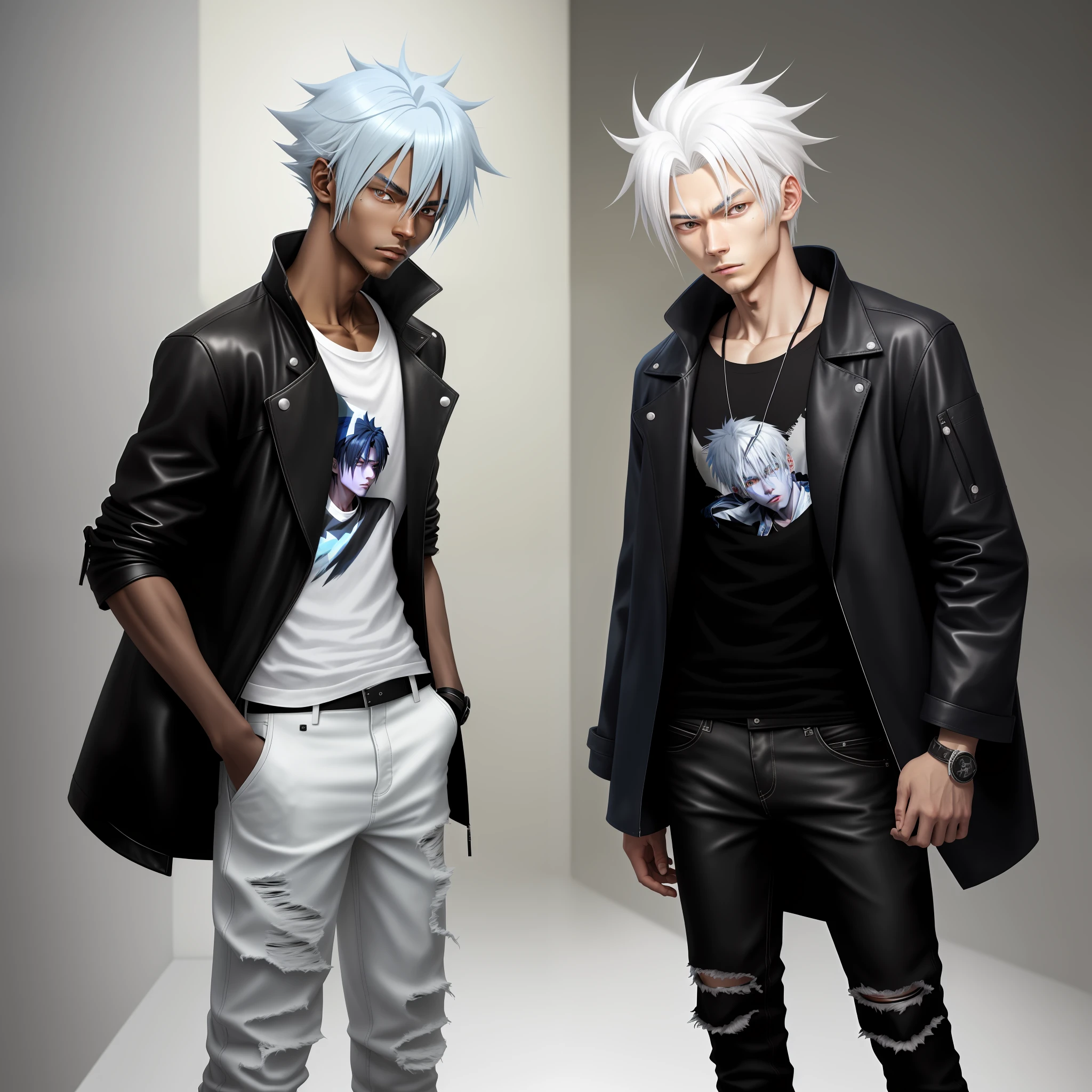 Kaito has platinum white hair, combed back in a stripped down and relaxed manner. He has brown skin, black eyes and has some small scars on his face. He wears a black leather coat with blue accents and a white T-shirt underneath. He wears dark jeans and black high-top boots.