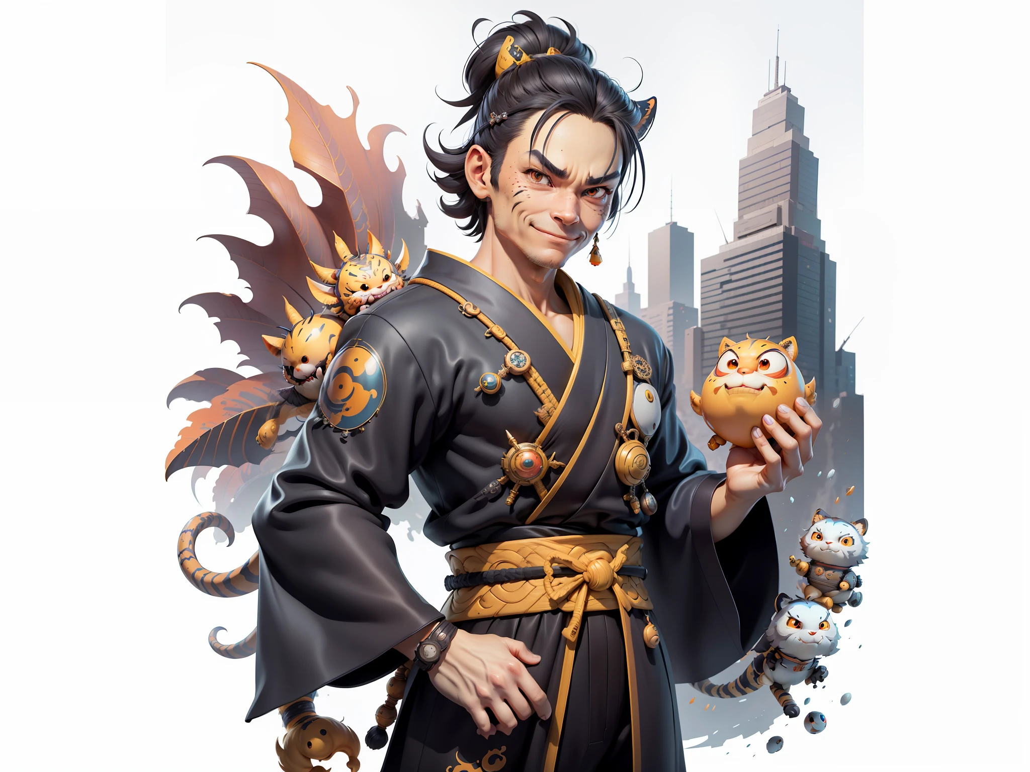 (Masterpiece), (Extreme Quality), (Super Meticulous), (Full Body: 1.2), Super Young Woman, Japanese Female Geisha, Beauty, Chinese Dragon, Tiger, Fengshen Thor, Sexy, Bursting, Oriental Face, TV Anchor, Bust Portrait Illustration, Alone, Black Suit, Blue Tie, Slightly Chubby, Very Clean Face, No Beard, Black Super Short Hair, Black Eyes, Confident Smile, 3c Computer Sub-Products, iPad, iPhone, Digital Painting, 3D character design by Mark Clairedon and Pixar and Hayao Miyazaki and Akira Toriyama, the illustrations are HD illustrations in 4K resolution with highly detailed facial features and cartoon-style visuals.