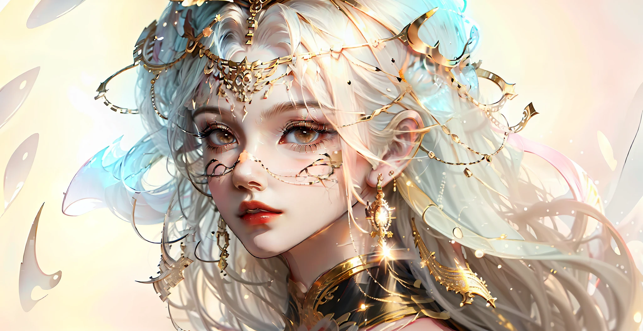 8K portrait rendering, CGeSociety portrait, intricate WLOP, 8K high quality detail art, beautiful fantasy portrait, perfectly proportioned face, realistic background, black and gold, symmetrical beauty