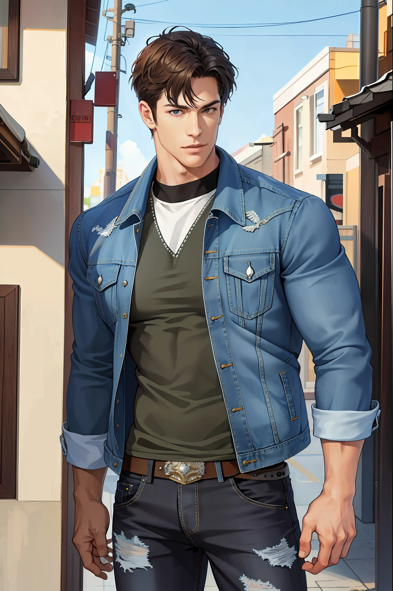 (ridiculous, high resolution, super detailed, realistic,), 1 male, tall muscular man, handsome, denim jacket, western, sexy