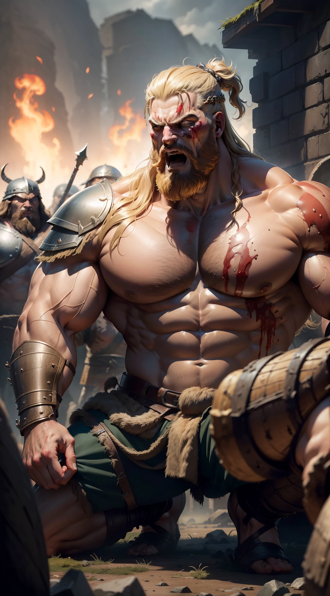(masterpiece), best quality, an ultra-detailed, high-resolution, full-body portrait of a giant, muscular warrior Viking, characterized by immense strength, kneeling, screaming and bloodied,((( in the background several bodies resulting from a bloody battle))).