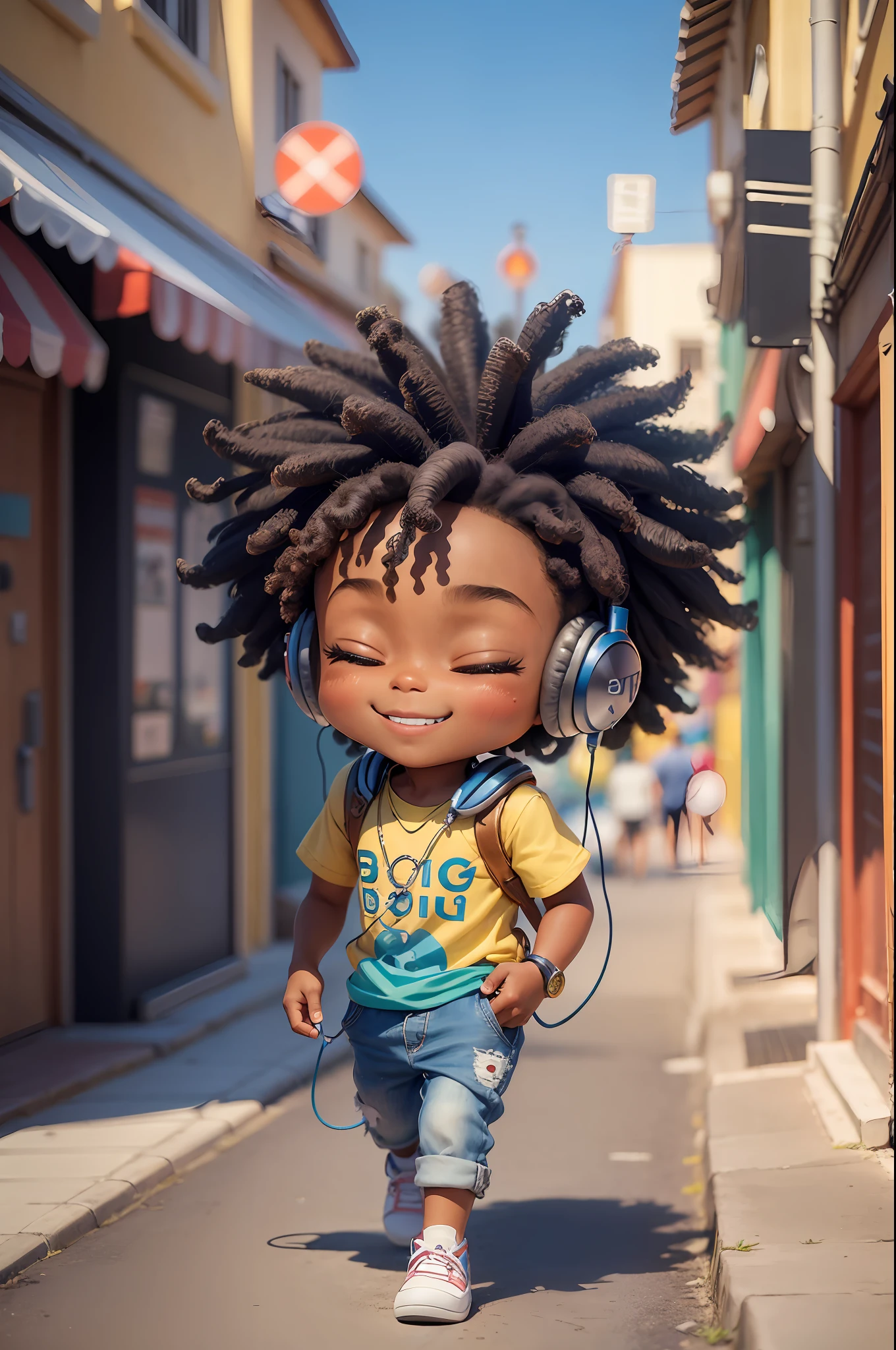 3D cartoon sticker of funny afro boy walking and listening to music, (((headphone))), (sweet eyes), child's smile, handsome young man, (((listening to music))), cute smile, chibi, Neymar Junior style, happy, big eyes, fish eyes, affections of joy, closed eyes, squinted eyes, happiness, pixar style, blue background, solid color, cosplay as bilbo baggins, model, seaart, Dreamsharp --auto --s2