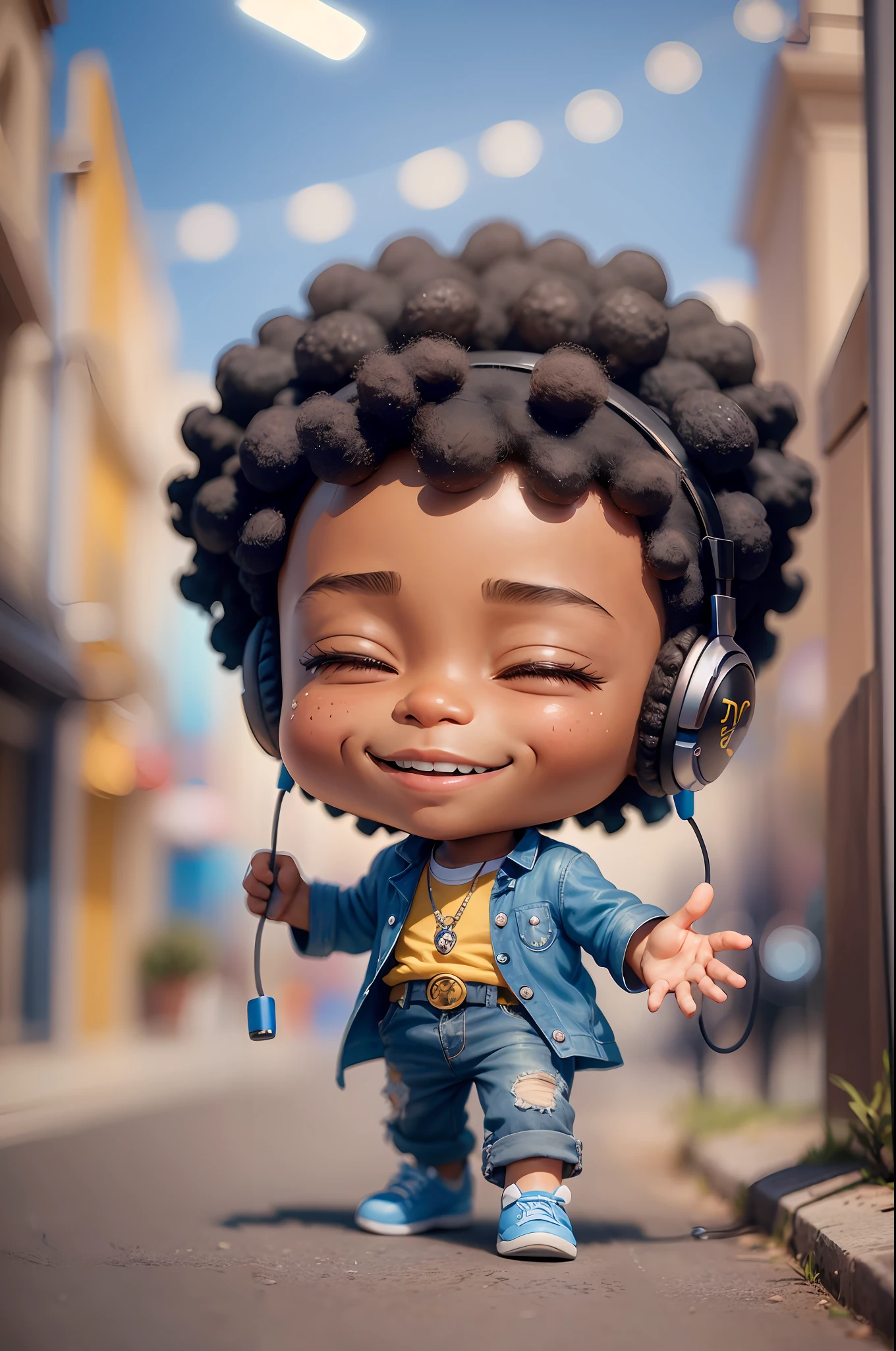 3D cartoon sticker of funny afro boy walking and listening to music, (((headphone))), (sweet eyes), child's smile, handsome young man, (((listening to music))), cute smile, chibi, Neymar Junior style, happy, big eyes, fish eyes, affections of joy, closed eyes, squinted eyes, happiness, pixar style, blue background, solid color, cosplay as bilbo baggins, model, seaart, Dreamsharp --auto --s2