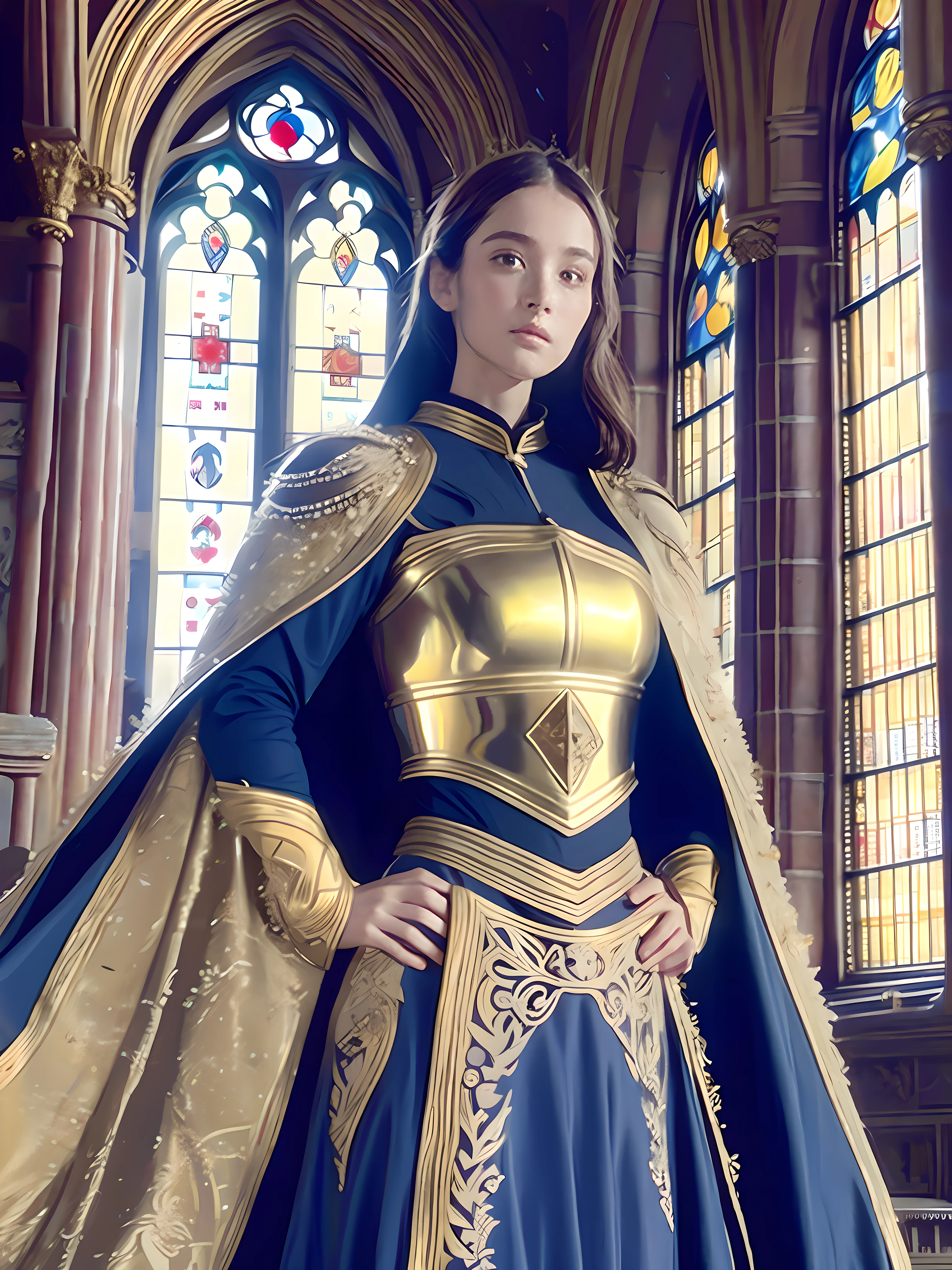 A girl in medieval armor, 4k, (masterpiece, top quality, best quality, official art, beautiful and aesthetic:1.2), (1girl), serious, large cape, ancient cathedral, glass window, front view, soft light, front, delicate facial features, long hair, walking posture