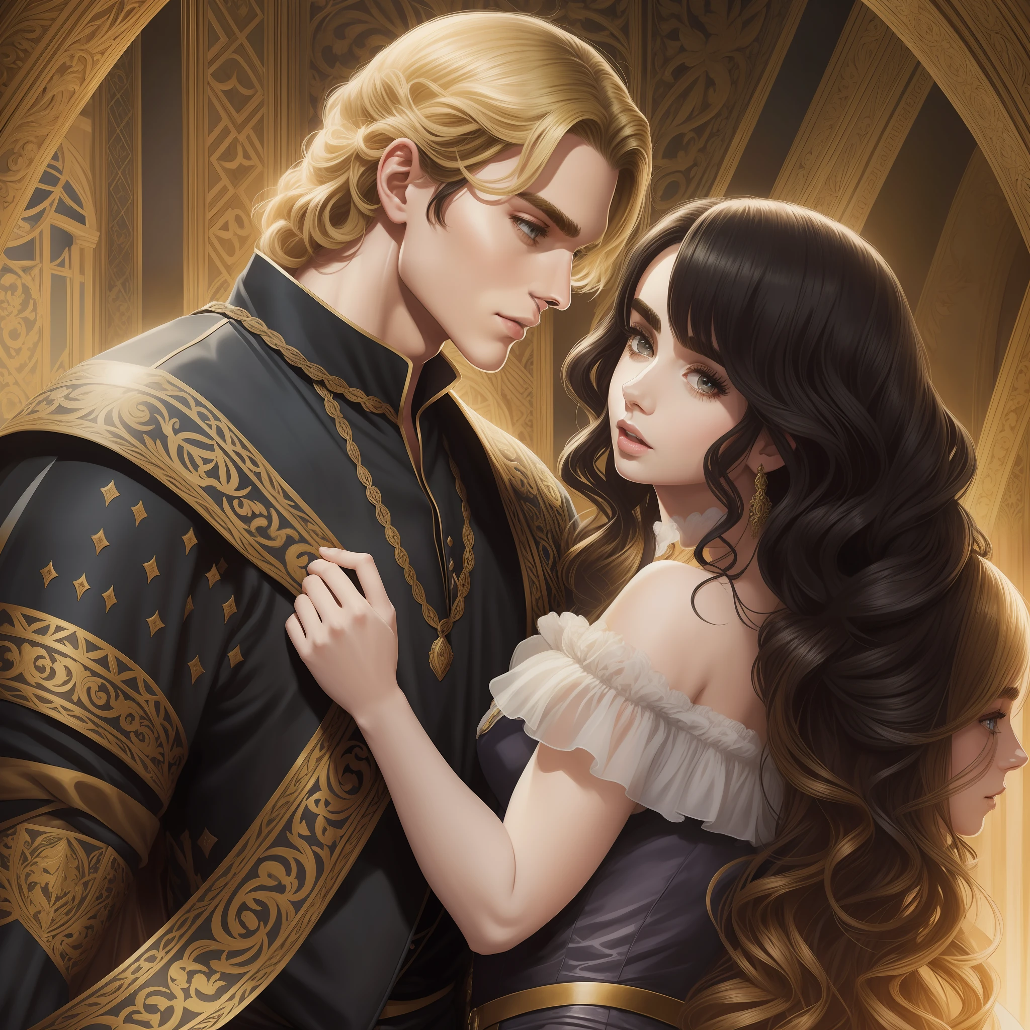 Lily Collins, who has curly black hair, wears a medieval dress. the Neels Visser wears a medieval military outfit and has blonde hair. The couple is waltzing in the ballroom. The illustration is like a book cover with a detailed, bright, illuminated, ultra detailed background, conceptual art, elegant, Artgerm art