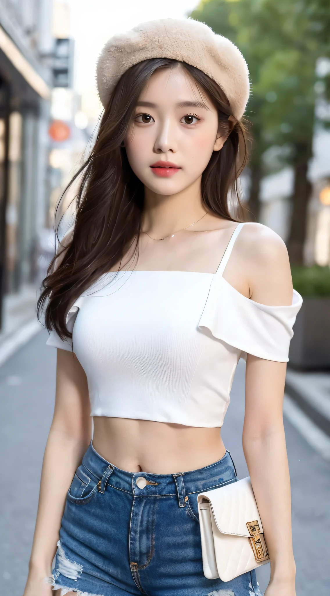 ((Best Quality, 8K, Masterpiece: 1.3)), (Flower Cap: 1.3), Focus: 1.2, Perfect Body Beauty: 1.4, Buttocks: 1.2, (Layered Haircut: 1.2)), (Dark Street: 1.3), Highly Detailed Face and Skin Texture, Full Body, Delicate Eyes, Double Eyelids, Whitened Skin, Long Hair, (Round Face: 1.5), (Loose Crop Top, Shorts: 1.6)