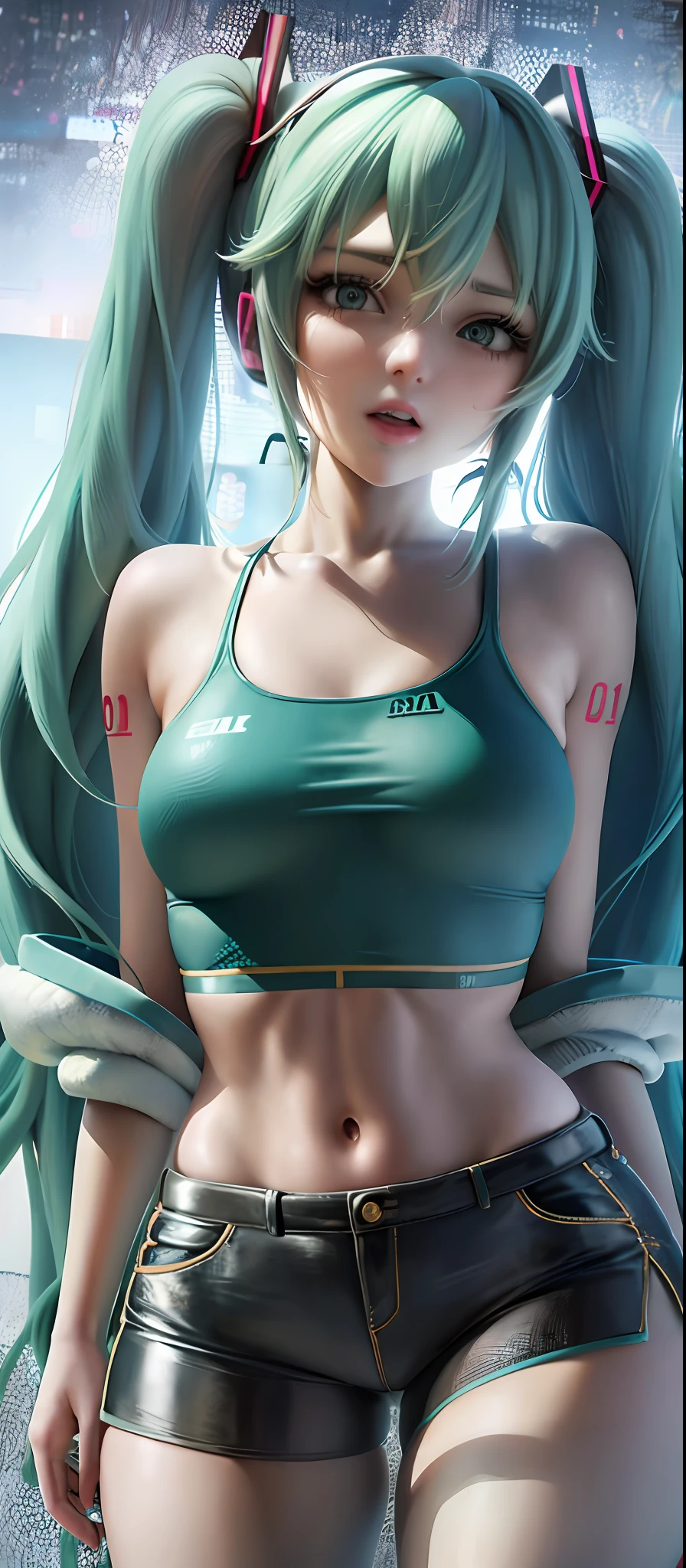 Hatsune Miku, extremely detailed face, sports bra, shorts, pantyhose, full-body, close-up